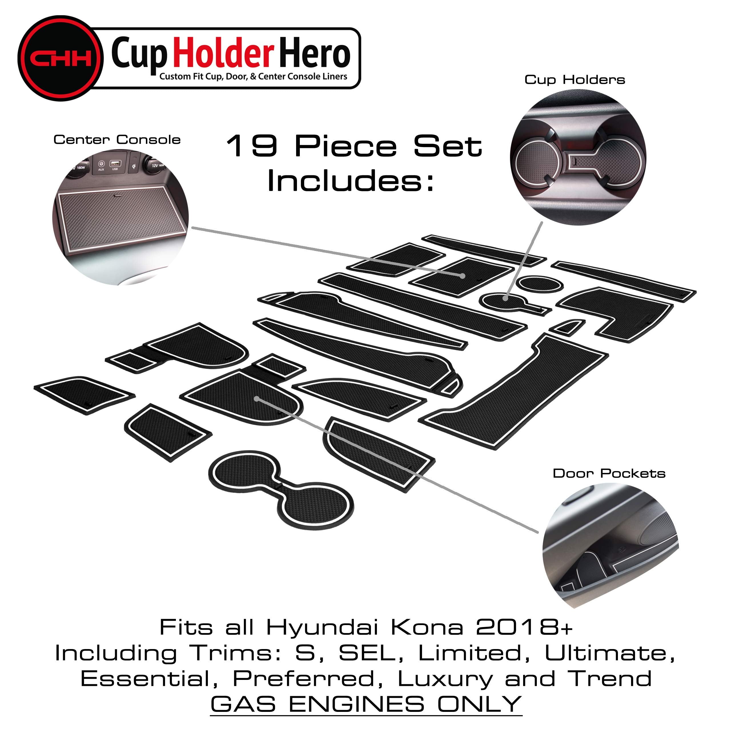 Cupholderhero Fits Hyundai Kona Accessories 2018-2021 Premium Custom Interior Non-Slip Anti Dust Cup Holder Inserts, Center Cons