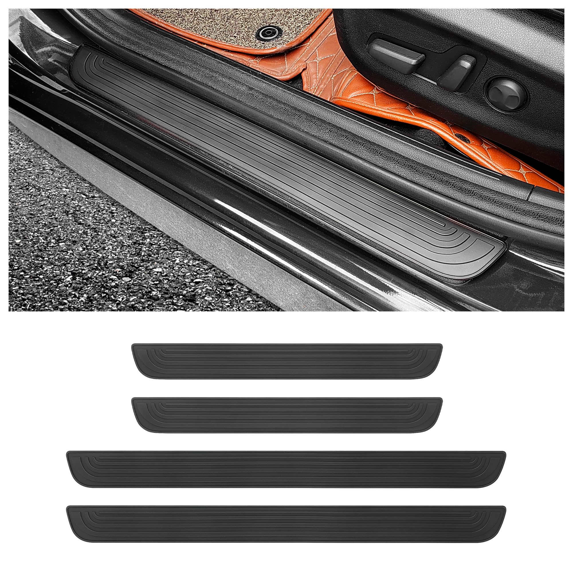 4Pcs Car Door Sill Protector,Anti-Scratch Rubber Car Door Protector Edge Guards For Door Steps,Universal Waterproof Door Threshold Strips Exterior Accessories For Car Truck Suv (Black, Width 1.57')