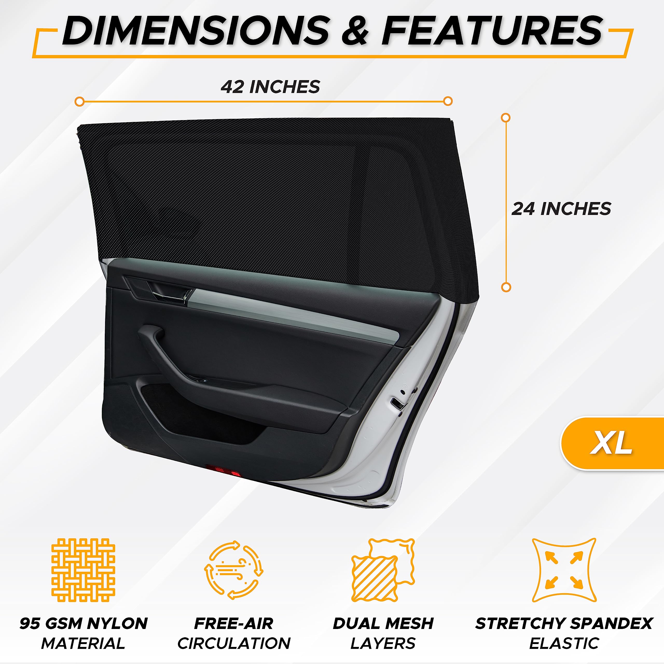 EcoNour Car Side Window Sun Shade - Stretchable Nylon Screens, XL 42"x24", Black, Pack of 2 for SUVs, Trucks & Minivans