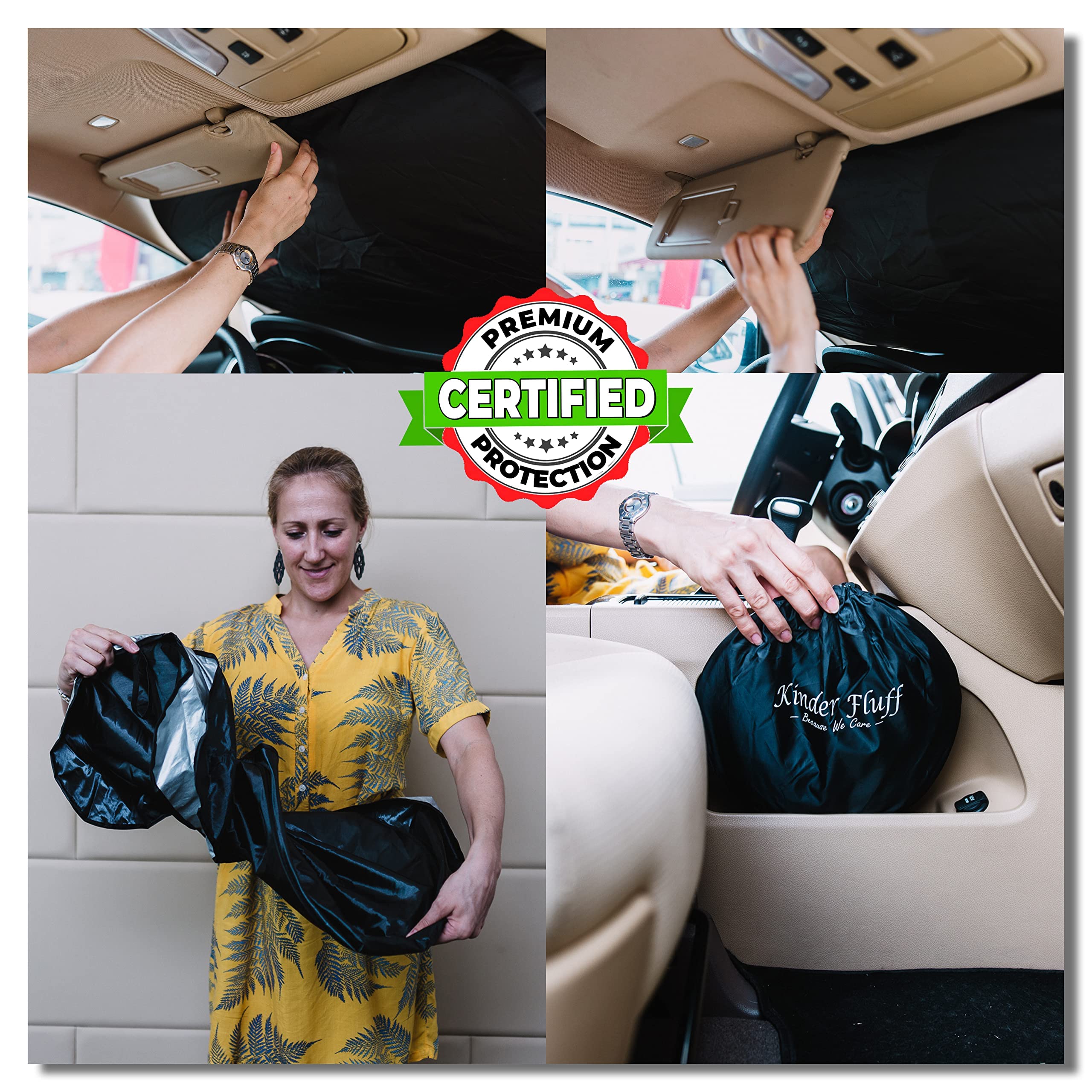 Kinder Fluff Windshield Sun Shade -The Only Certified Car Window Shades Blocking 99.9% Uvr-210T Automotive Window Sunshades As C