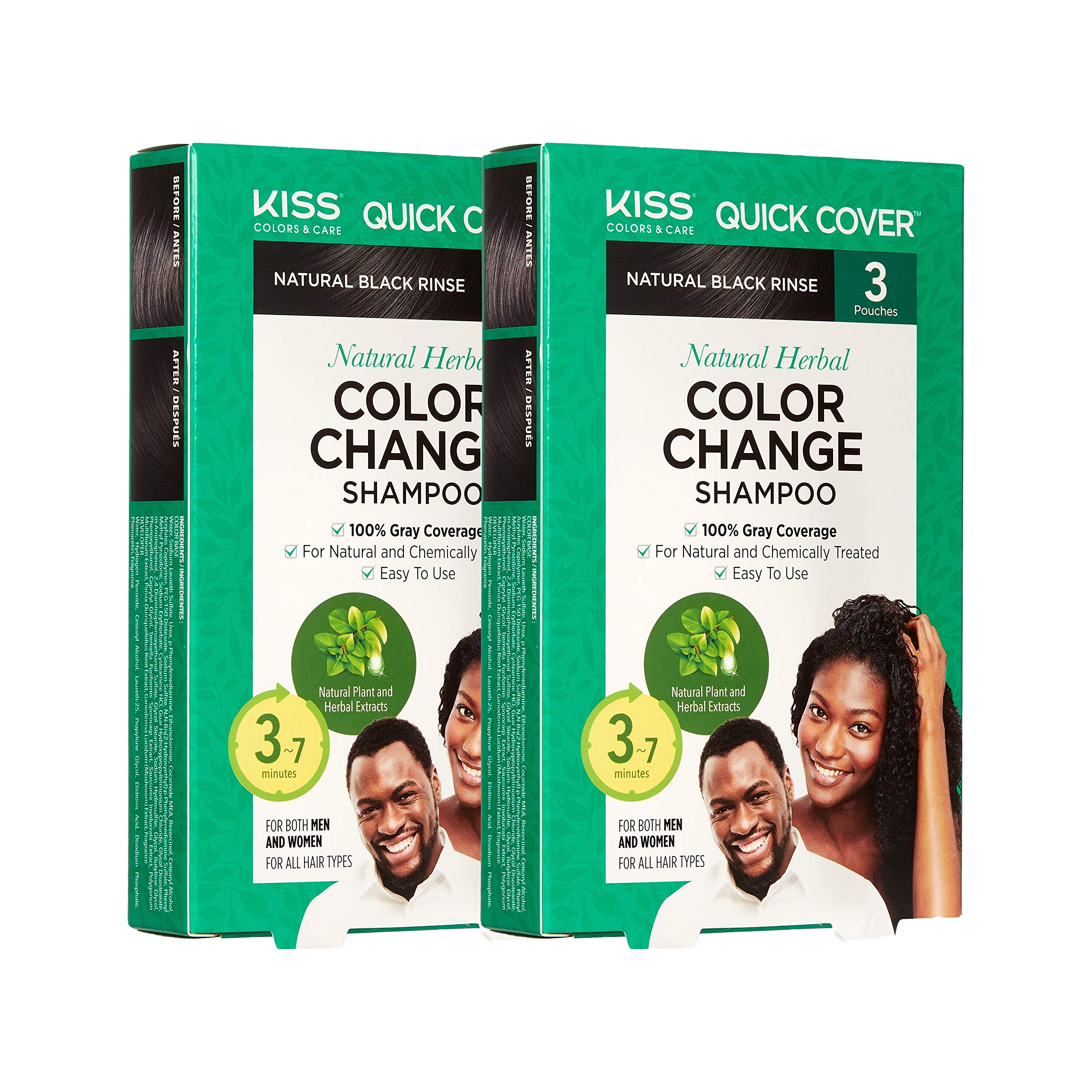 Kiss Quick Cover Natural Herbal Color Change Shampoo 3 Pouches (2 PACK  Natural Black)-New