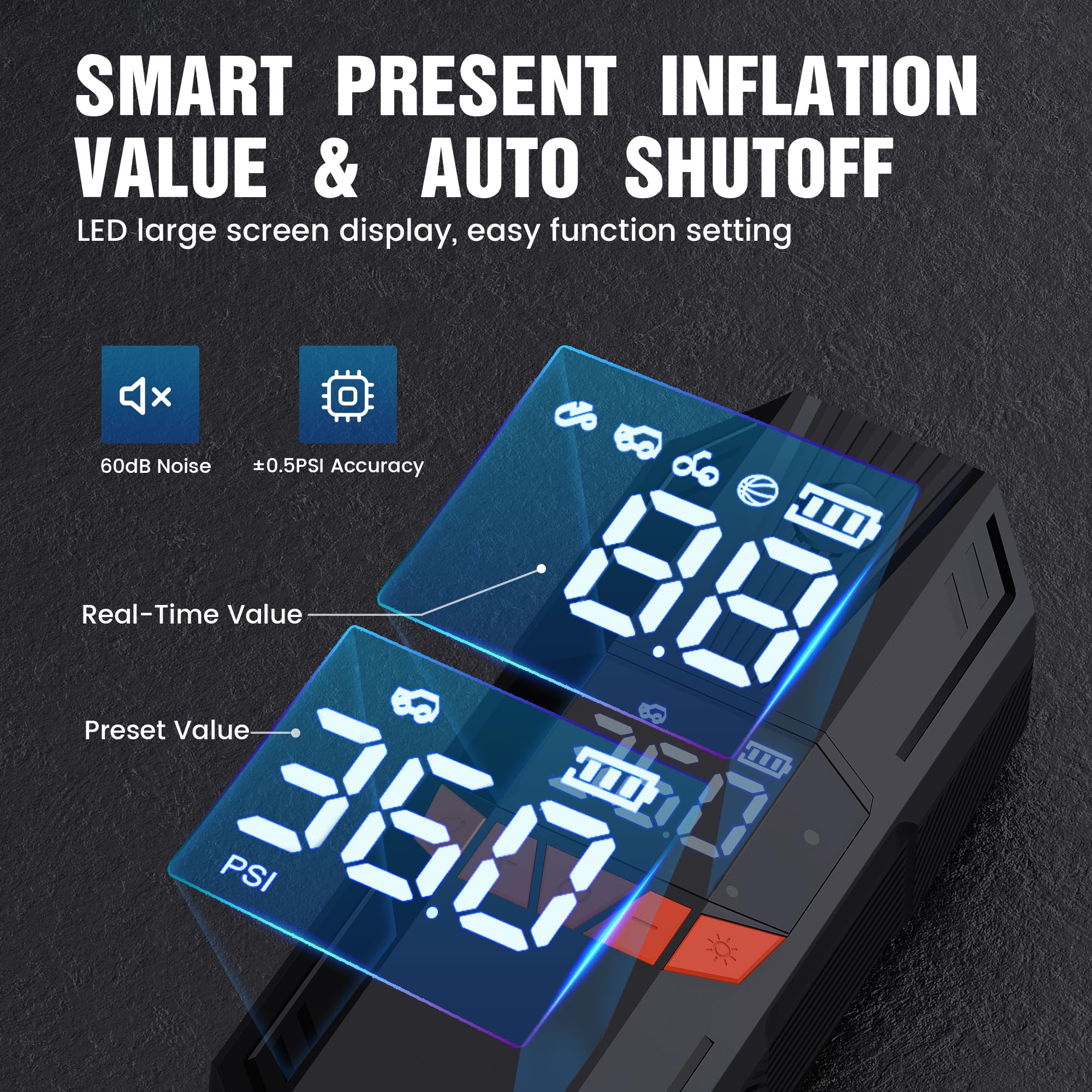 Tire Inflator Portable Air Compressor, 150PSI Cordless Electric Air Compressor with LCD Pressure Gauge, Gifts for Father Him, Qu