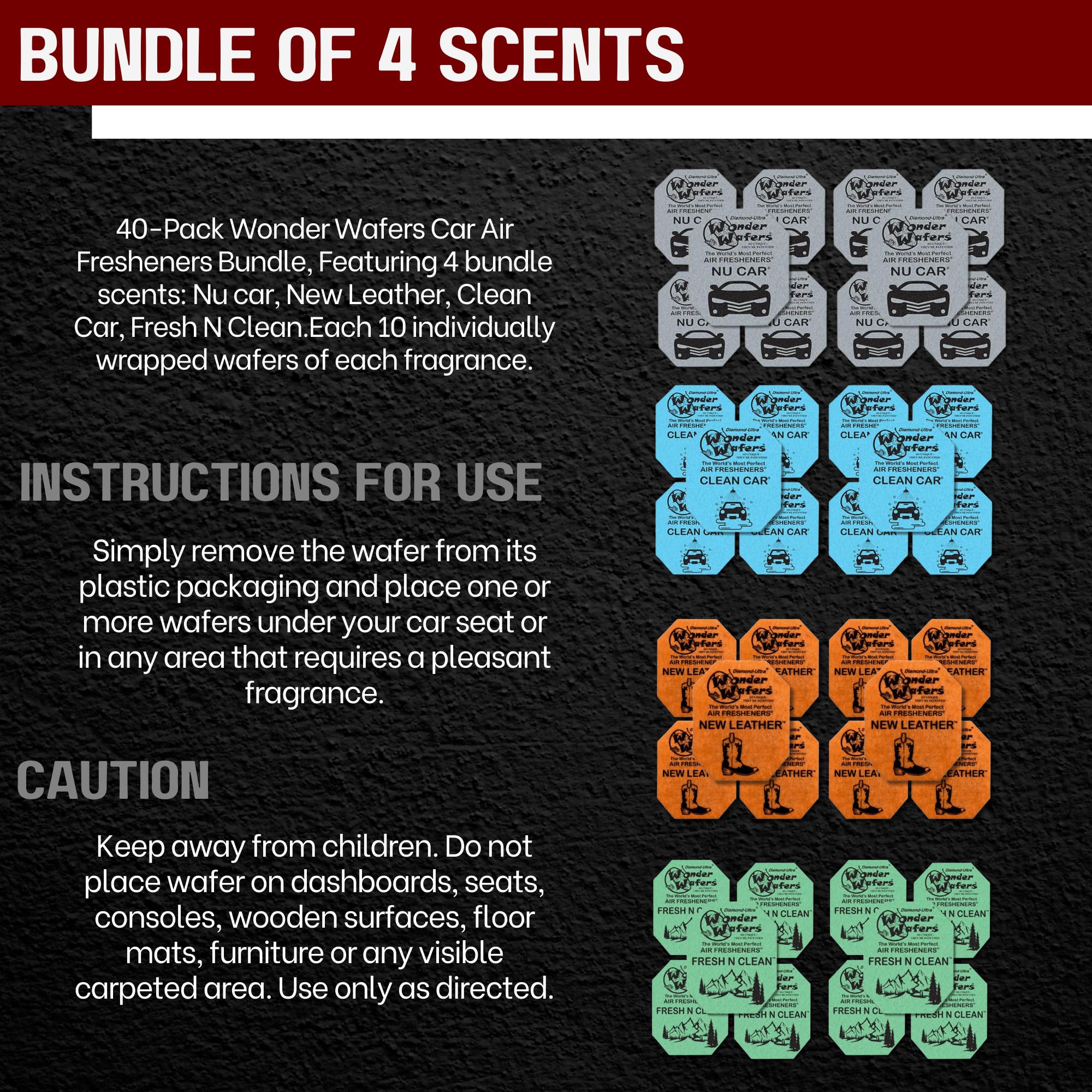 CHAPTER 29 Wonder Wafers Car Air Fresheners - 40 Pack Variety (Nu Car, New Leather, Clean Car, Fresh N Clean) - Silver