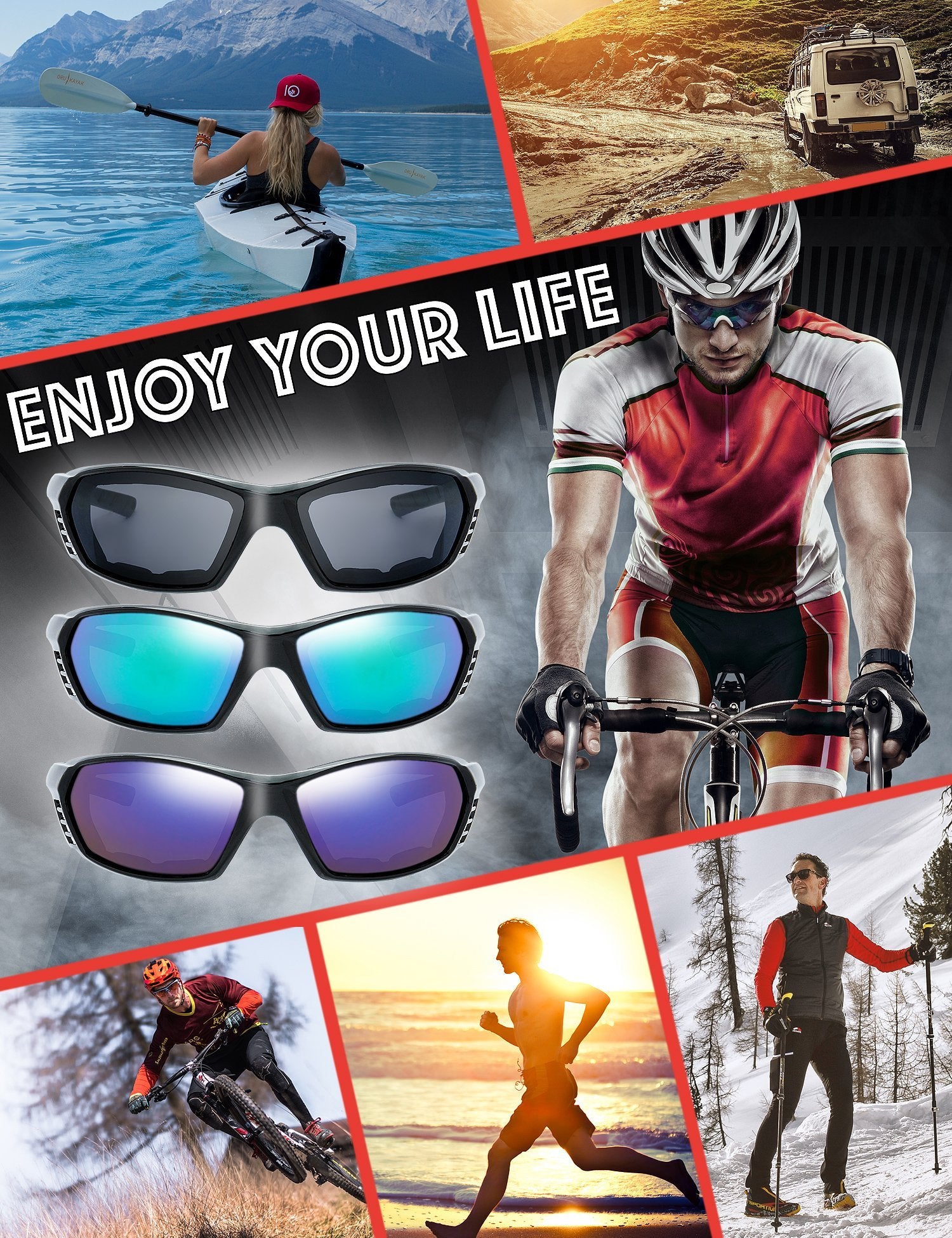 The Fresh 3 Pairs Motorcycle Riding Glasses Padded Frame Lens Block 100% Uvb For Outdoor Activity Sport (9-Shiny Black, Grey, Gr