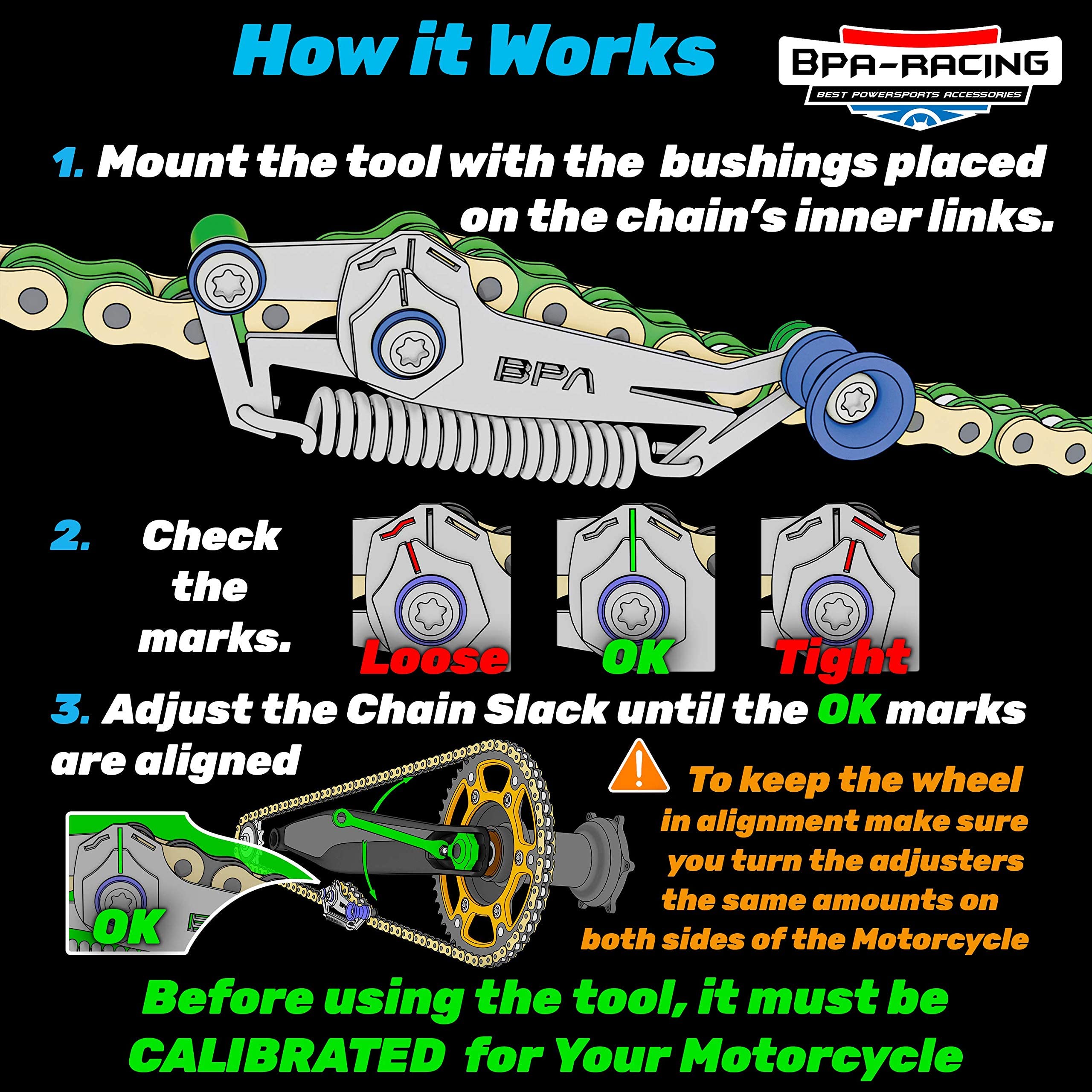 BPA-RACING Motorcycle Chain Slack Adjuster Tool - Stainless Steel, Blue, Model BPA_SLACK for Precise Chain Adjustment