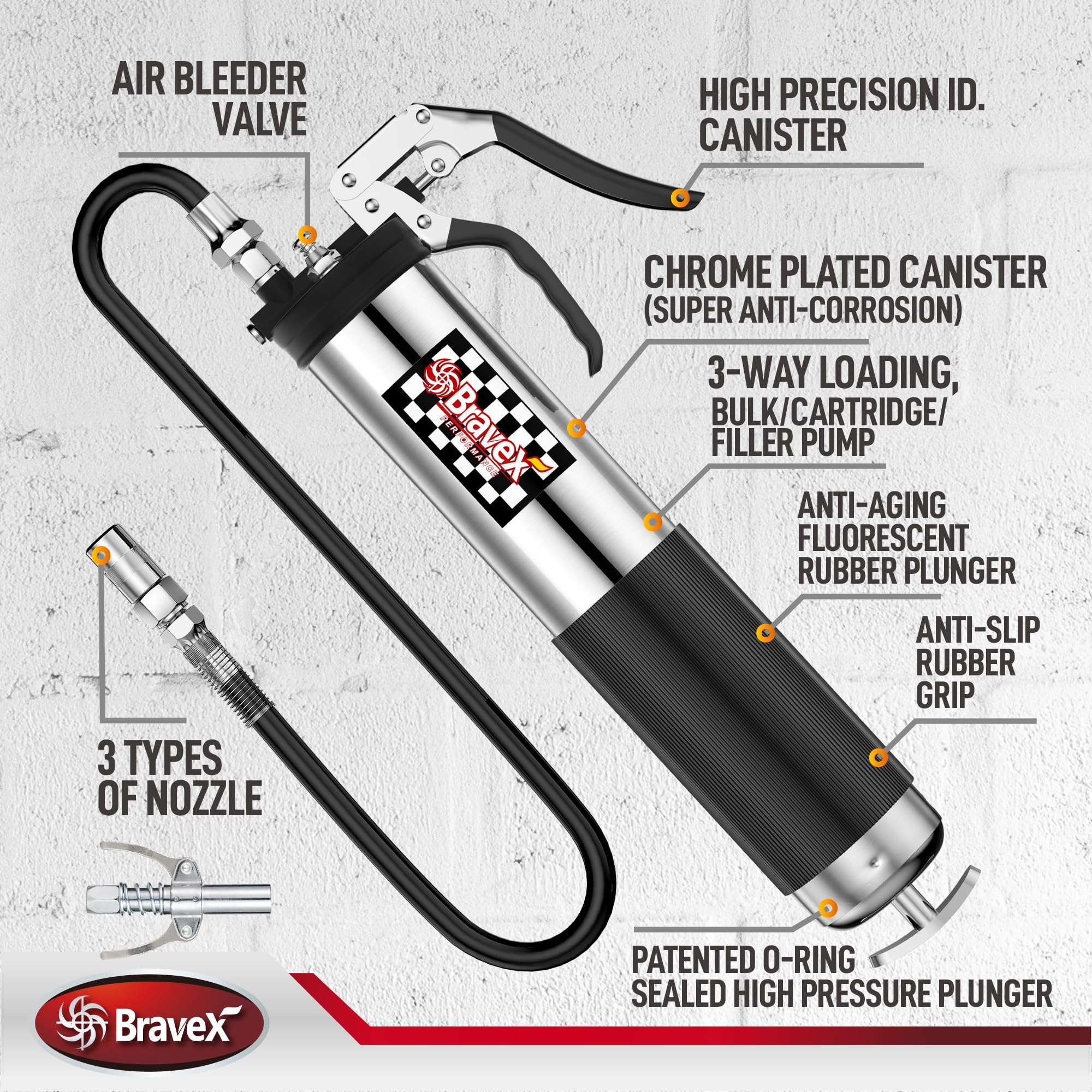 Bravex Pistol Grip Grease Gun Heavy Duty Professional 6000 Psi W/Quick Release Coupler - 18 Inch Flex Hose
