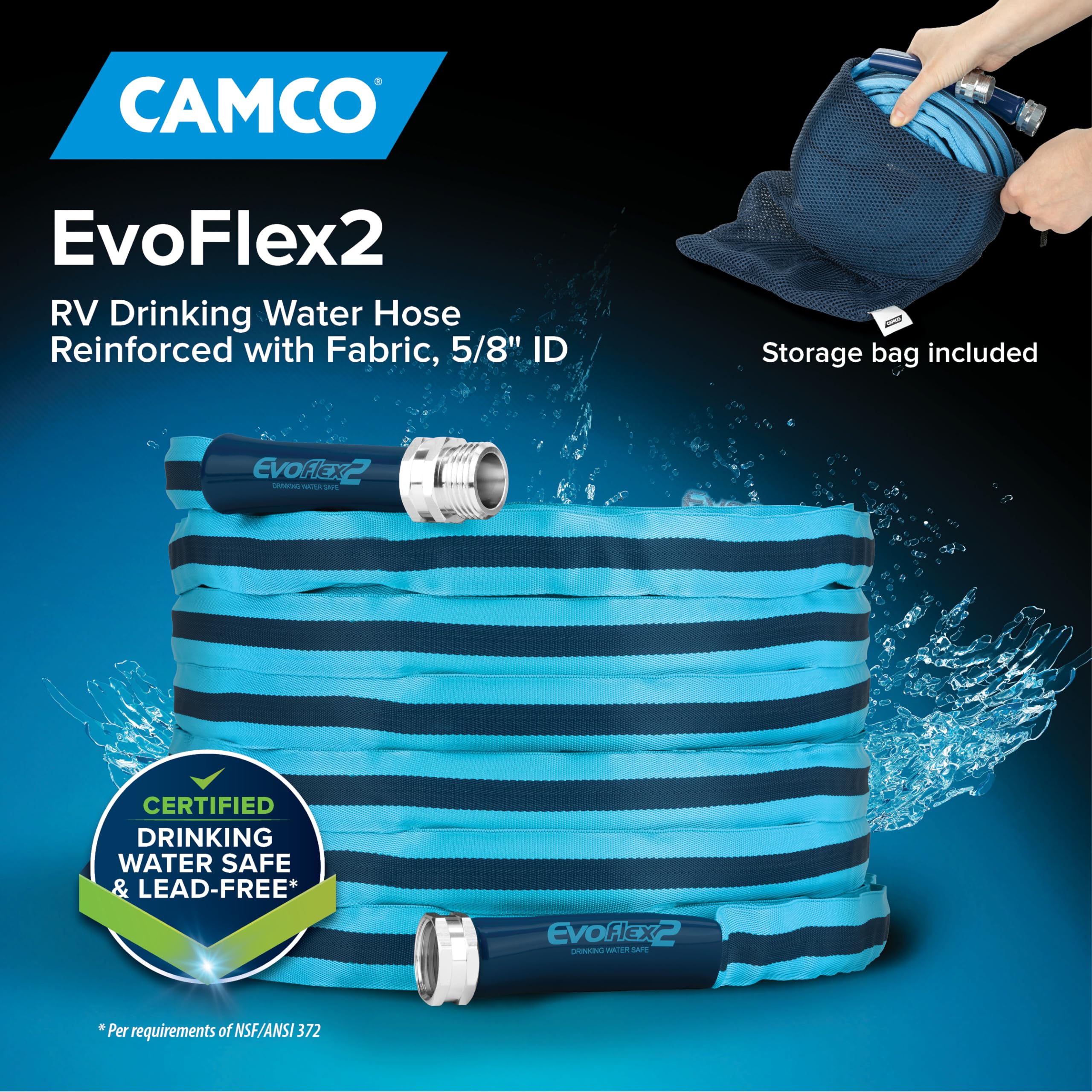 Camco EvoFlex2 50-ft Drinking Water Hose - Lightweight, Fabric Reinforced, No Lead, No BPA, Abrasion Resistant, Model 22579, Blue