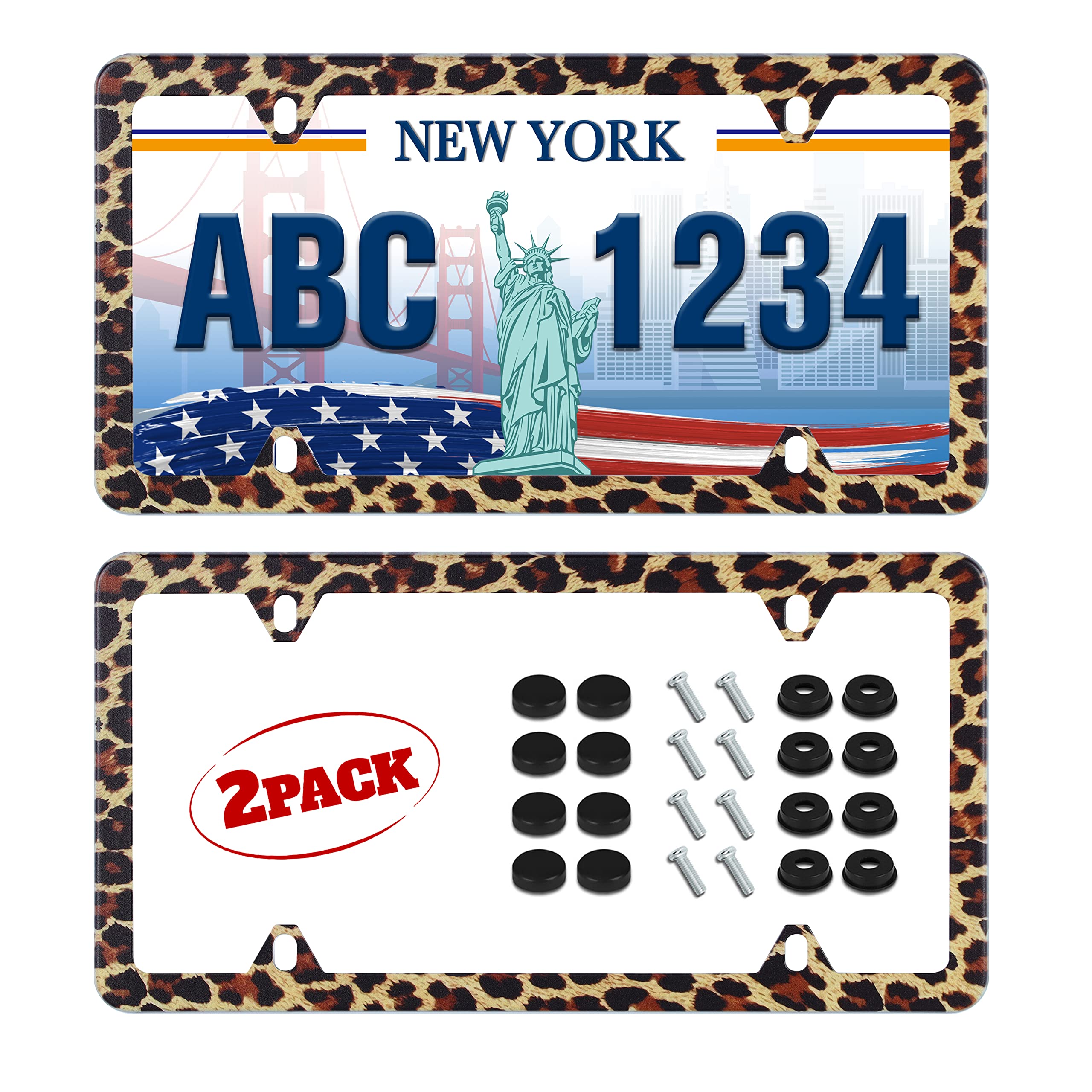 2Pcs Brown Leopard Print License Plate Frame Cheetah Animal Stainless Steel Auto Parts Decoration With Screws Fits U.S. Canadian