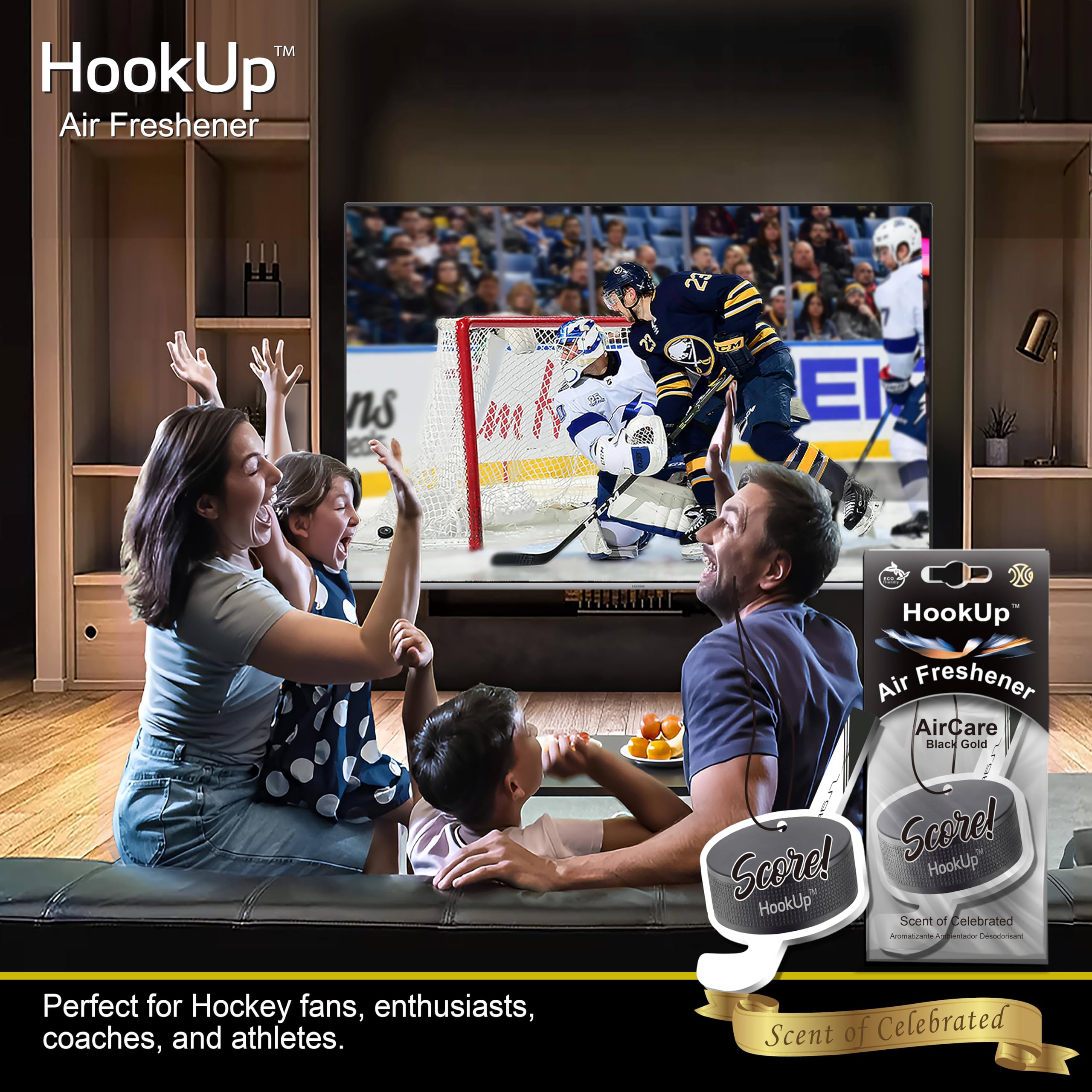 Hockey Car Air Freshener by HookUp - 4 Pack - Black Gold Scent (Extra Strong) | Unique Hockey Gift for Players, Coach, Fans | Ha