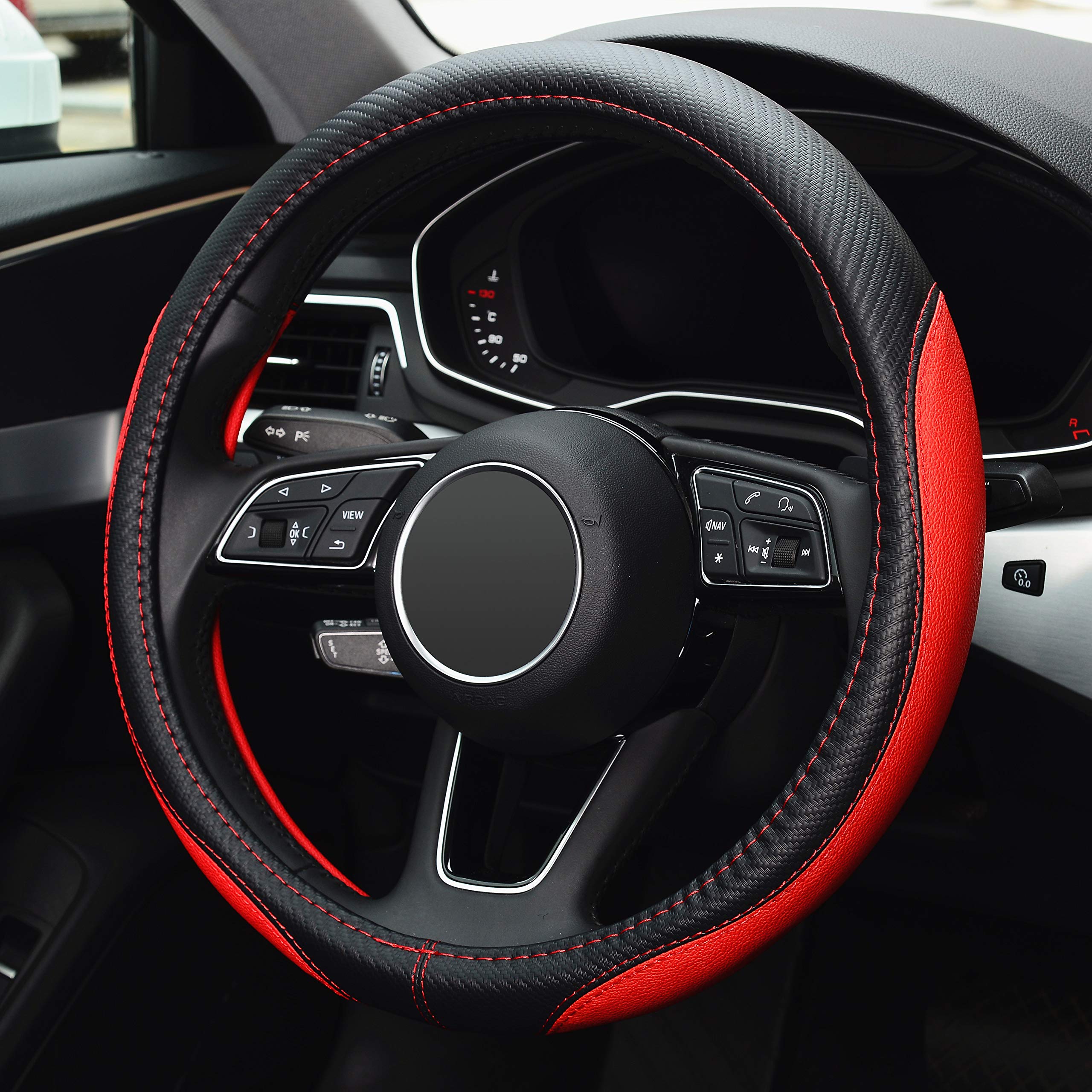 Labbyway Microfiber Leather Auto Car Steering Wheel Cover, Universal 15 Inch Anti-Slip Wheel Protector, Red