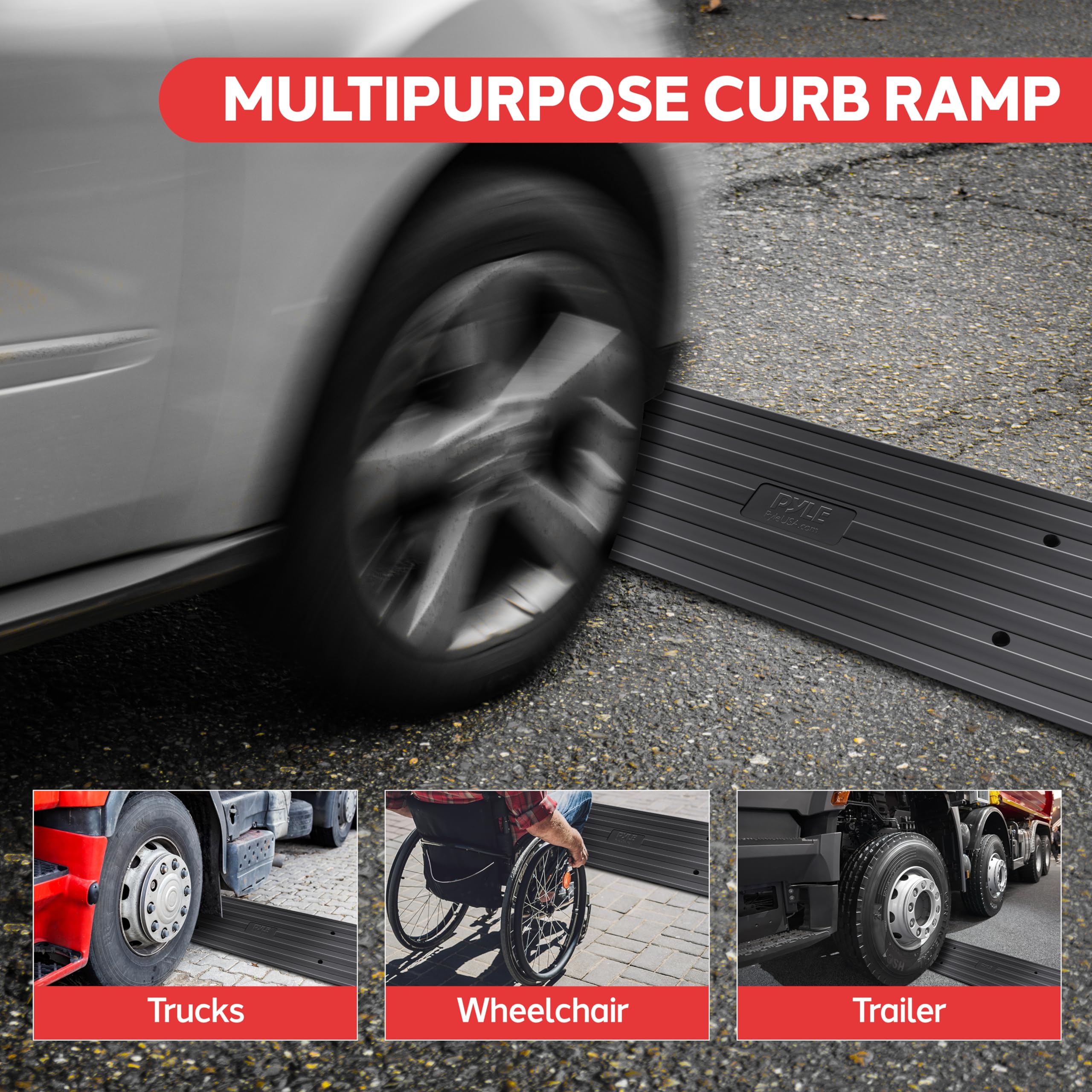 Pyle Car Vehicle Curbside Driveway Ramp - 4Ft Heavy Duty Rubber Threshold Bridge Tracks Curb Ramps, 2 Pieces Set (For Car, Truck