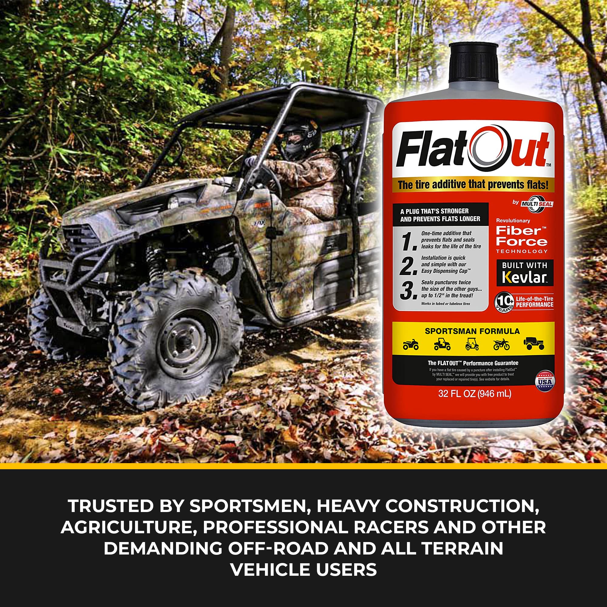 FlatOut Tire Sealant Sportsman Formula - 32-Ounce Bottle, Prevents Flat Tires, Seals Leaks, Contains Kevlar, 1-Pack