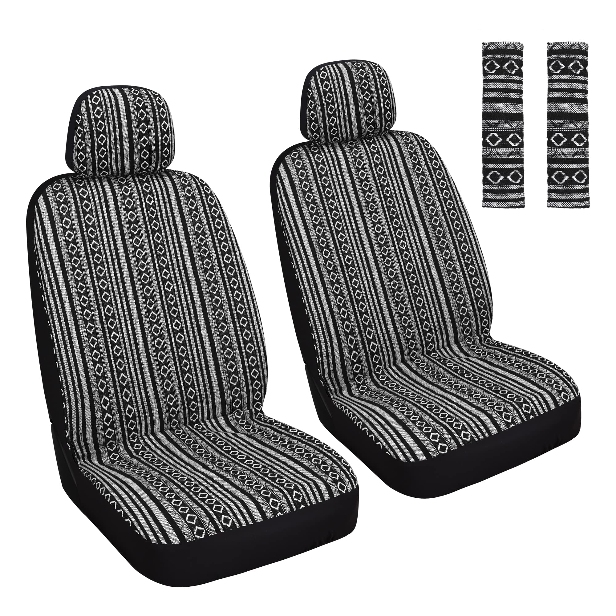 Haiyaotimes Baja Saddle Blanket Car Seat Covers Front Set With Seat Belt Pads, Washable Breathable Seat Covers For Cars, Universal Fit Interior Covers For Most Cars, Airbag Compatible, Black/White