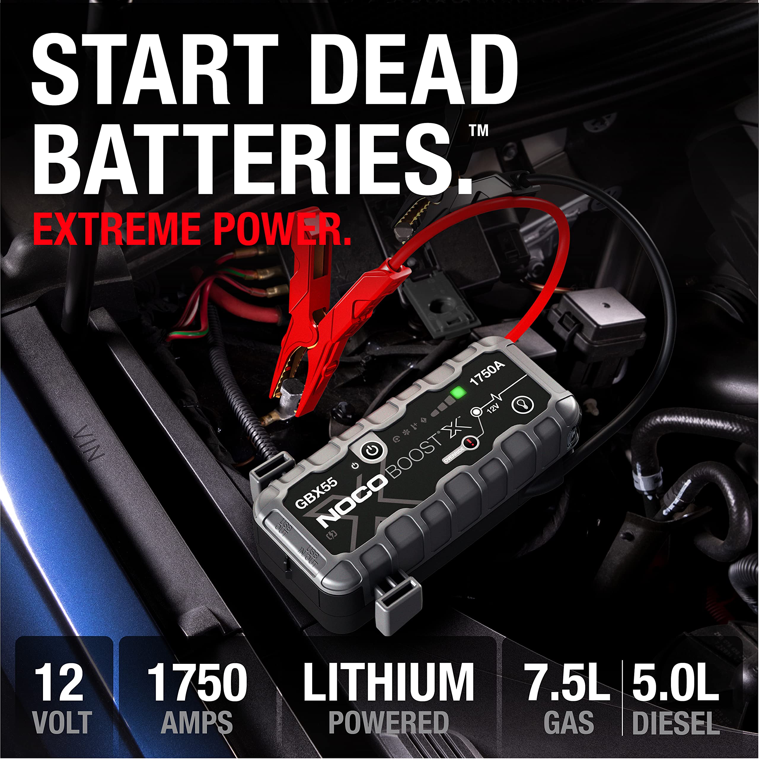 NOCO Boost X GBX55 Jump Starter, 1750A Portable Lithium Battery Booster, Gray, for 7.5L Gas & 5.0L Diesel Engines