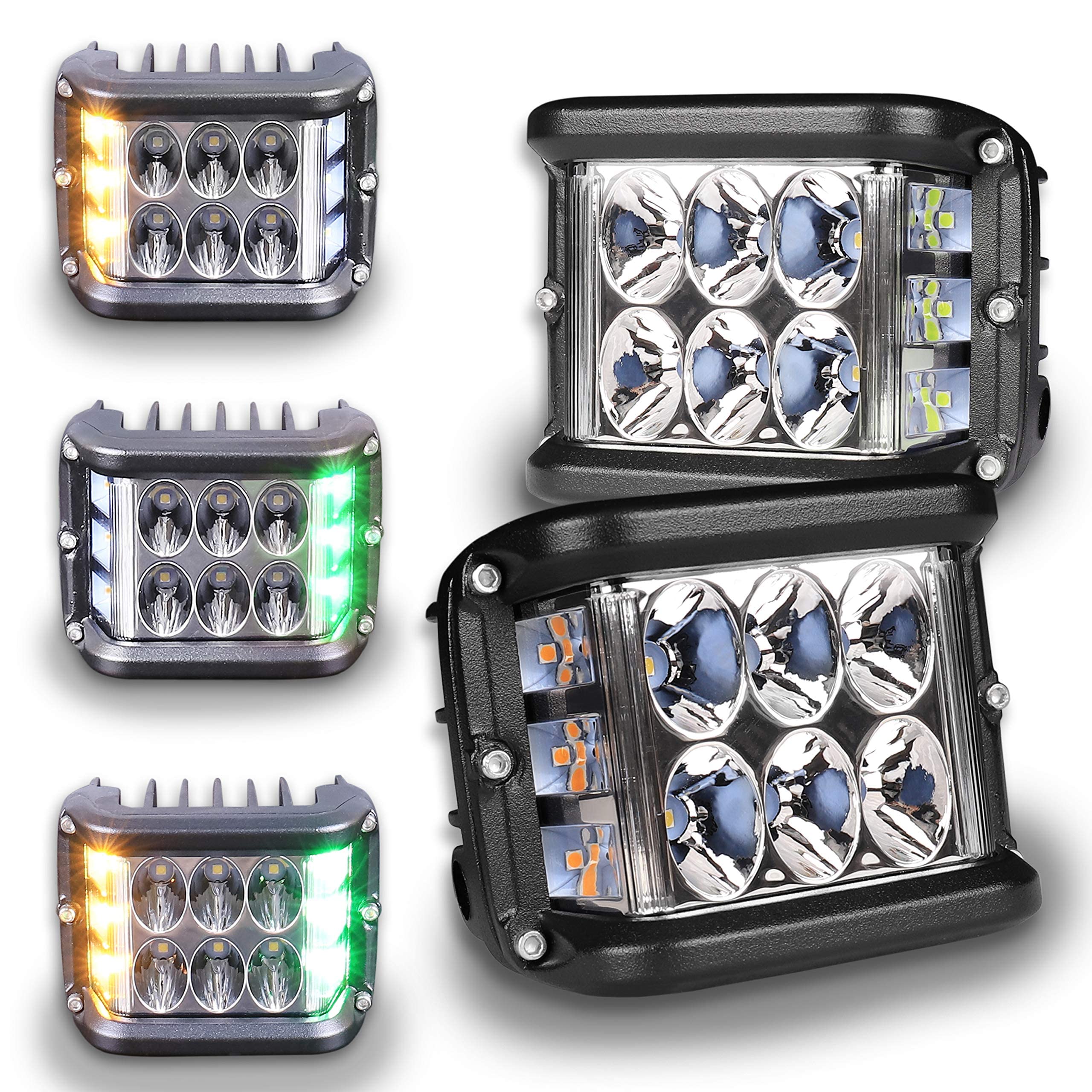 Hoyuza Led Pod Lights, 4Inch Side Shooter Led Pods With Yellow & Green Dual Color Strobe Lights For Farm Tractor Plow Truck Atv Utv