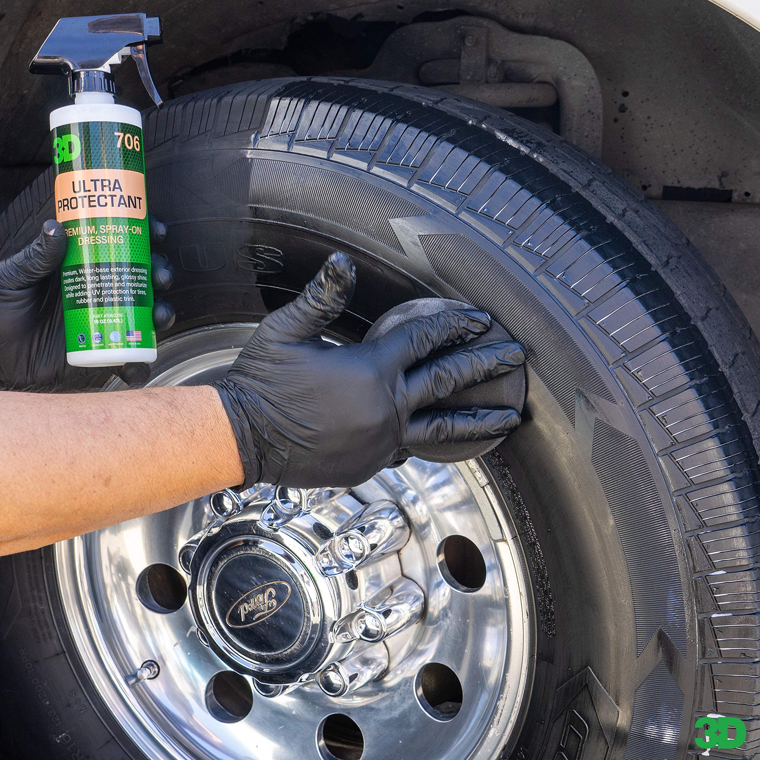 3D Ultra Protectant Tire Shine Spray - Water-Based High Gloss Dressing, UV Protection, 16 oz, No Sling, Made in USA