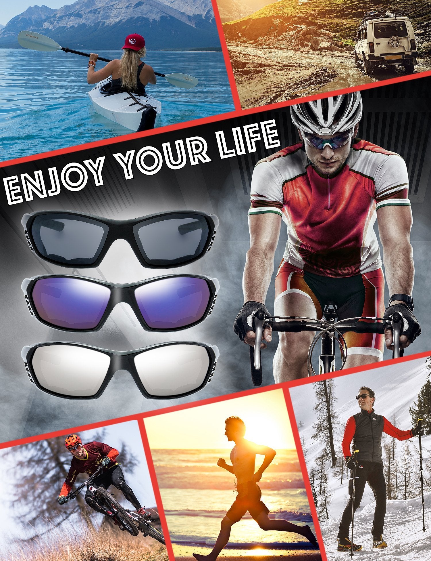 The Fresh 3 Pairs Motorcycle Riding Glasses Padded Frame Lens Block 100% UVB for Outdoor Activity Sport (10-Matte/Shiny Black, G