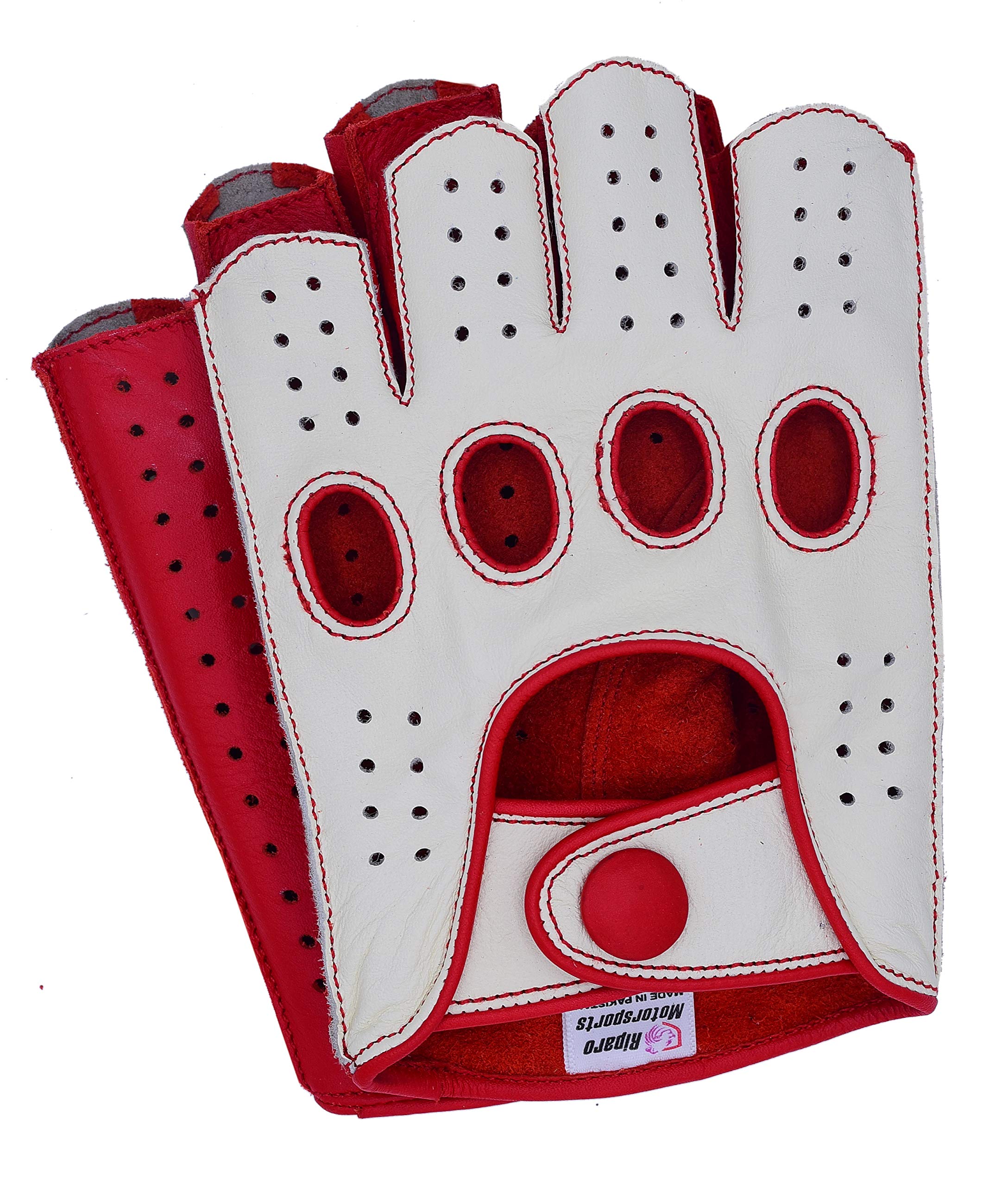 Riparo Mens Leather Reverse Stitched Fingerless Half-Finger Driving Motorcycle Gloves (X-Large, White/Red)