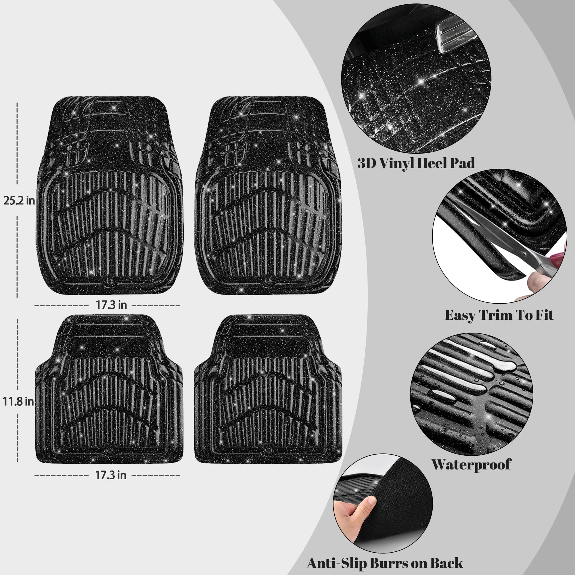 Car Pass Shining Glitter Car Floor Mats 3D Leather Waterproof All Weather, Universal Trim To Fit & Anti-Slip, Safety & Light Eas