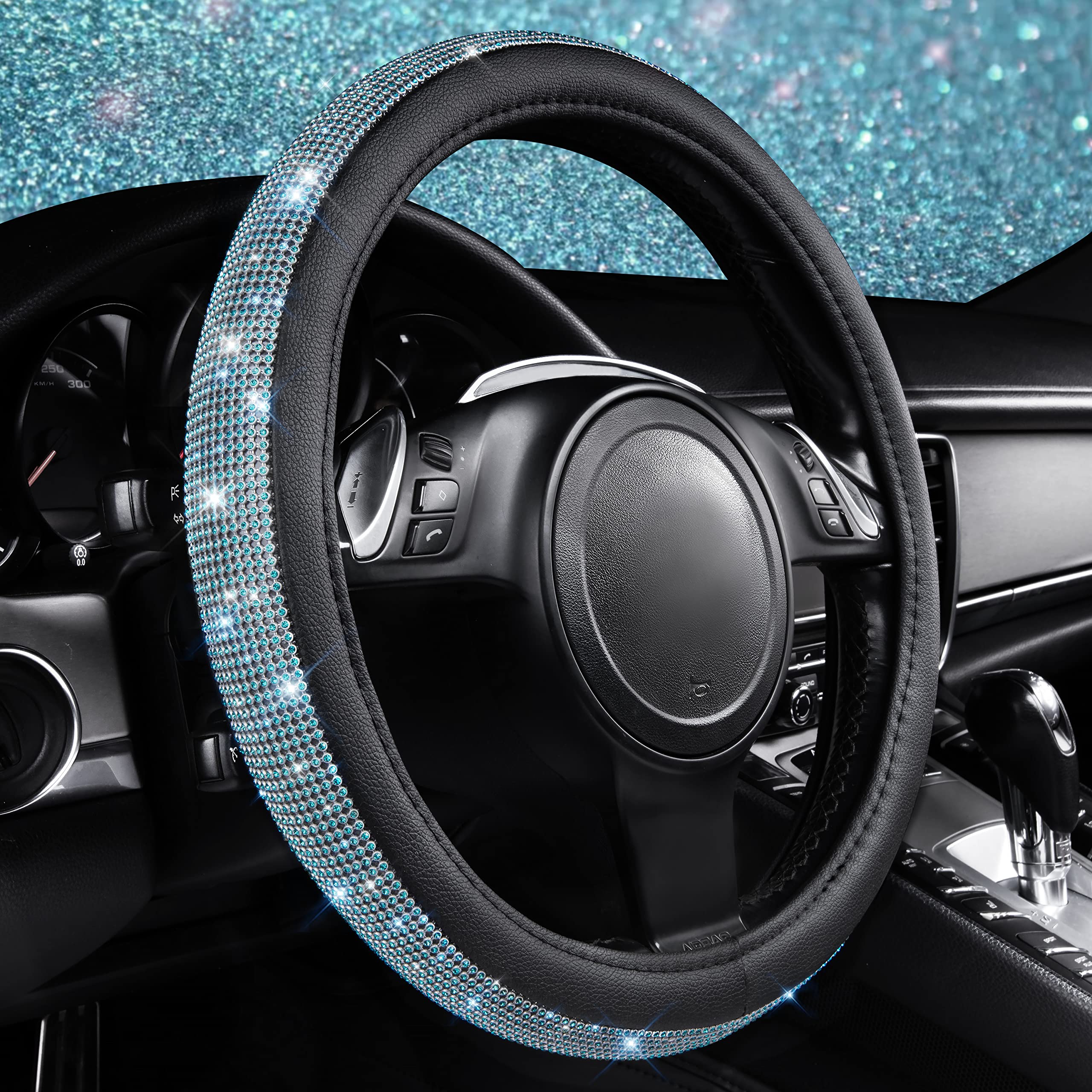CAR PASS Mint Diamond Leather Steering Wheel Cover, 14.5"-15" Universal Fit with Bling Rhinestones for SUVs, Vans, Sedans, Trucks