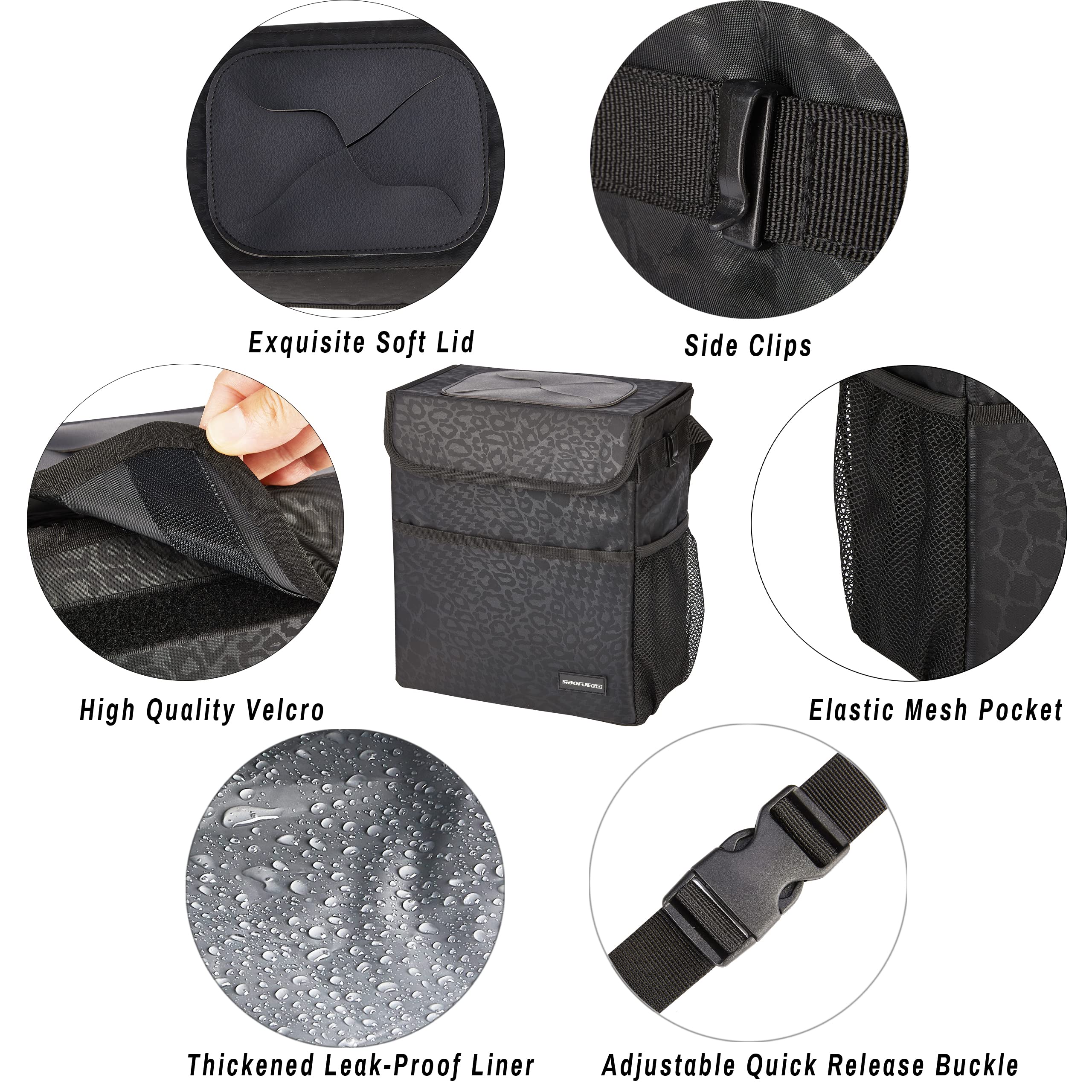 SIBOFUEGO Cute Car Trash Can - Leak Proof, Waterproof, 2.5 Gallons, Black Leopard, Collapsible with Storage Pockets, Model SIBOCTC202108