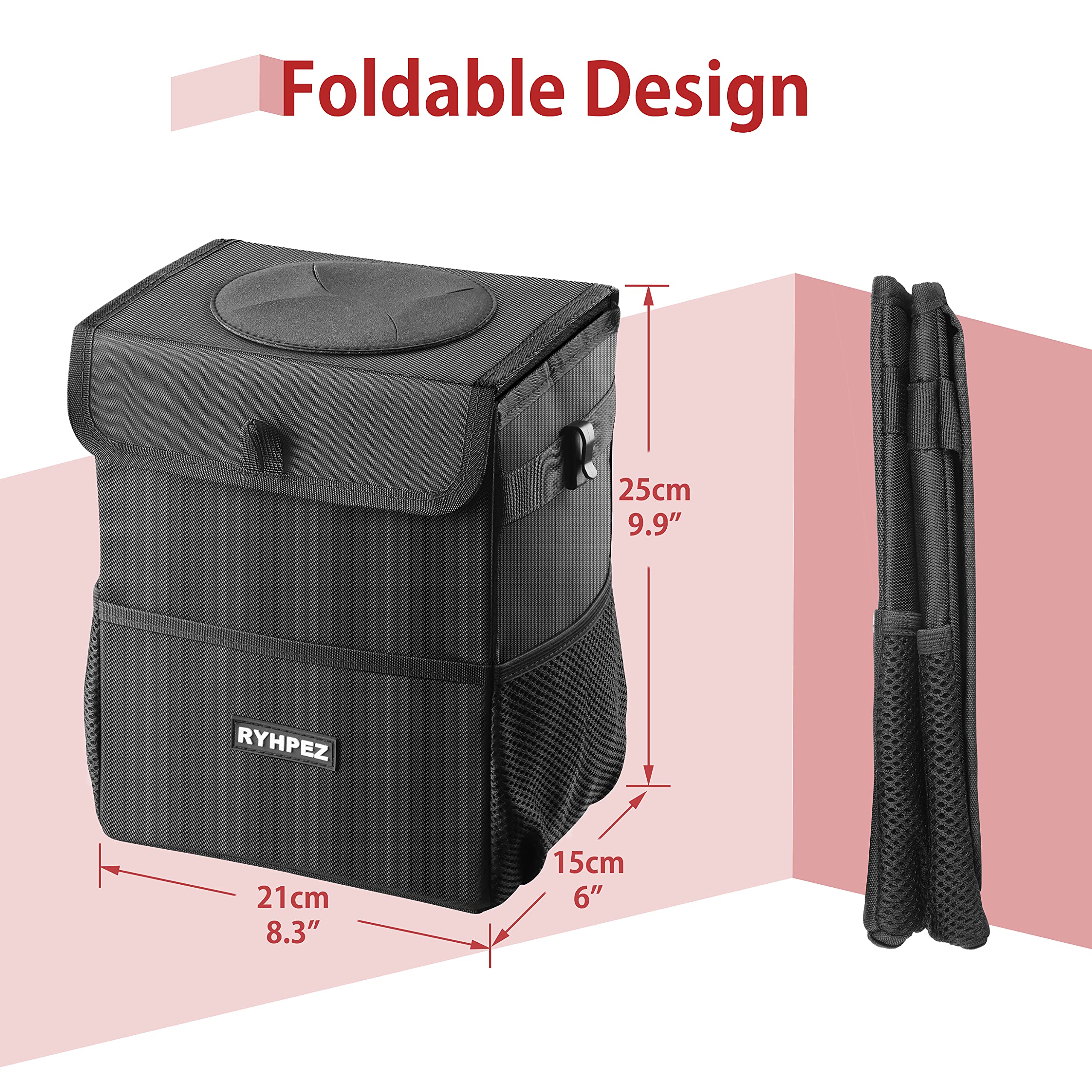 Ryhpez Car Trash Can - Large Leakproof Nylon Bag with Lid & Storage Pockets, Black, Model LJT21G05_01_eo