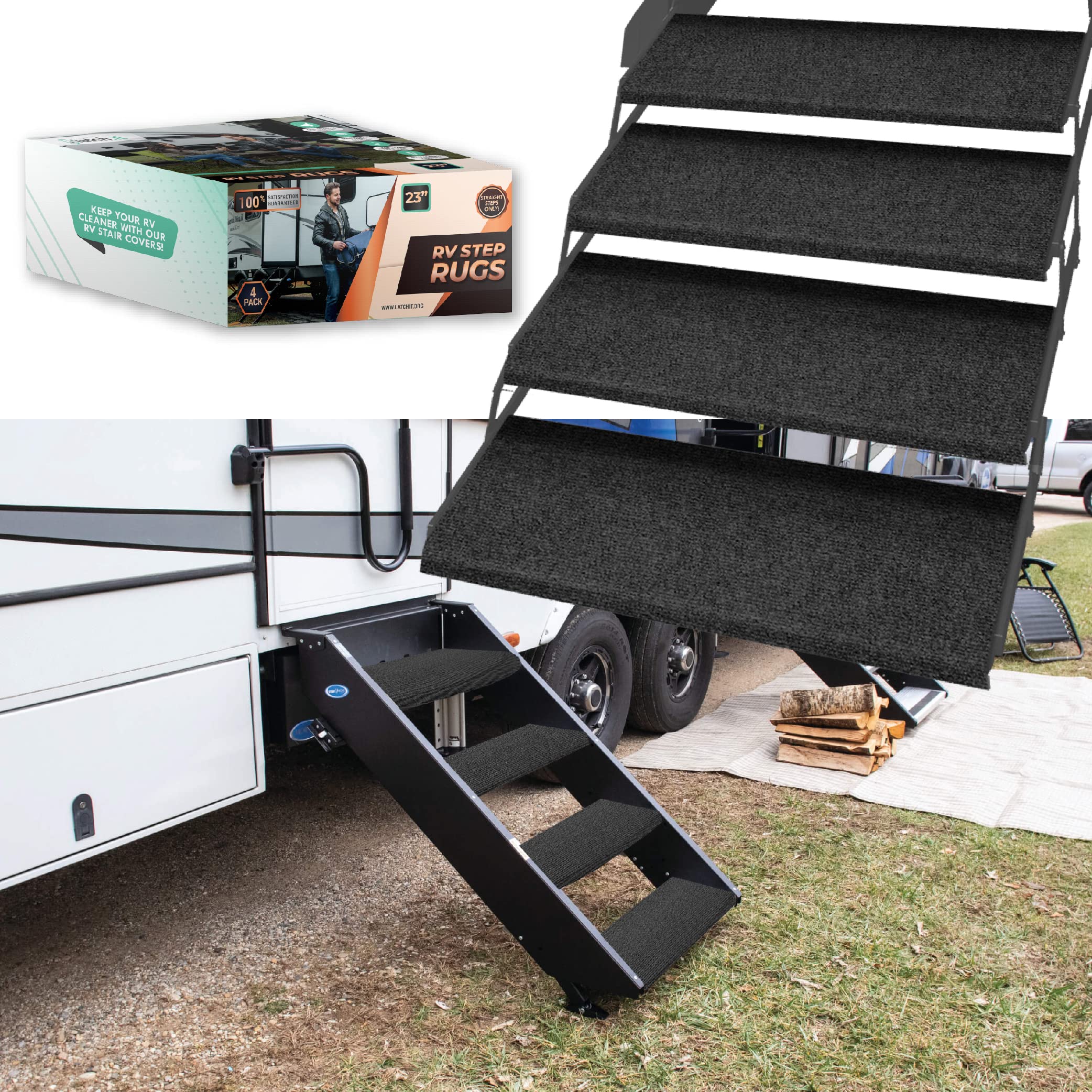 LATCH.IT RV Step Covers 4 Pack | 23'' Wide Camper Step Carpet Covers | Camper Step Covers | RV Step Carpet Best Fits 8-11'' Deep