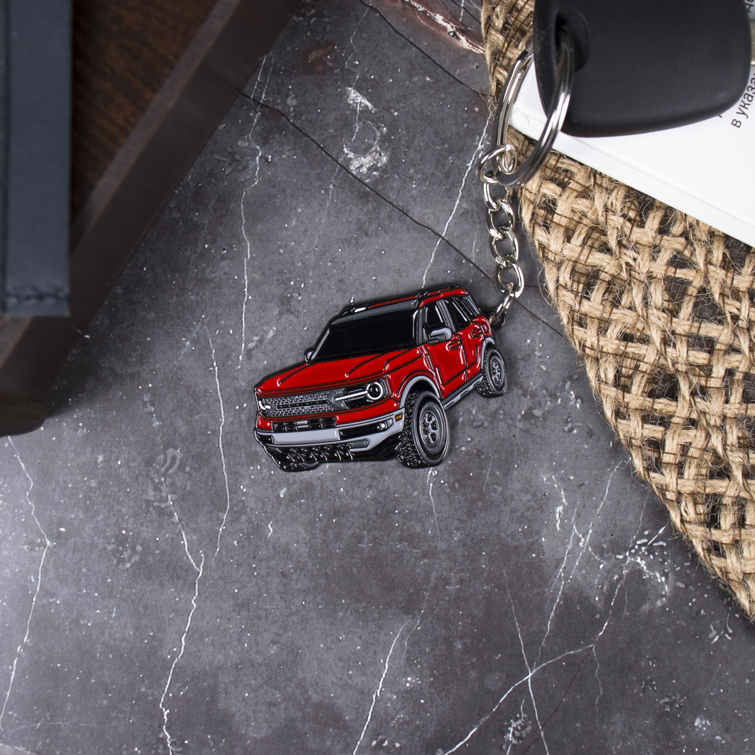 FOUR WHEEL BEAST Keychain for Ford Bronco Sport 2023-2024, Metal, Red, 2" x 1.3" Fob Gift