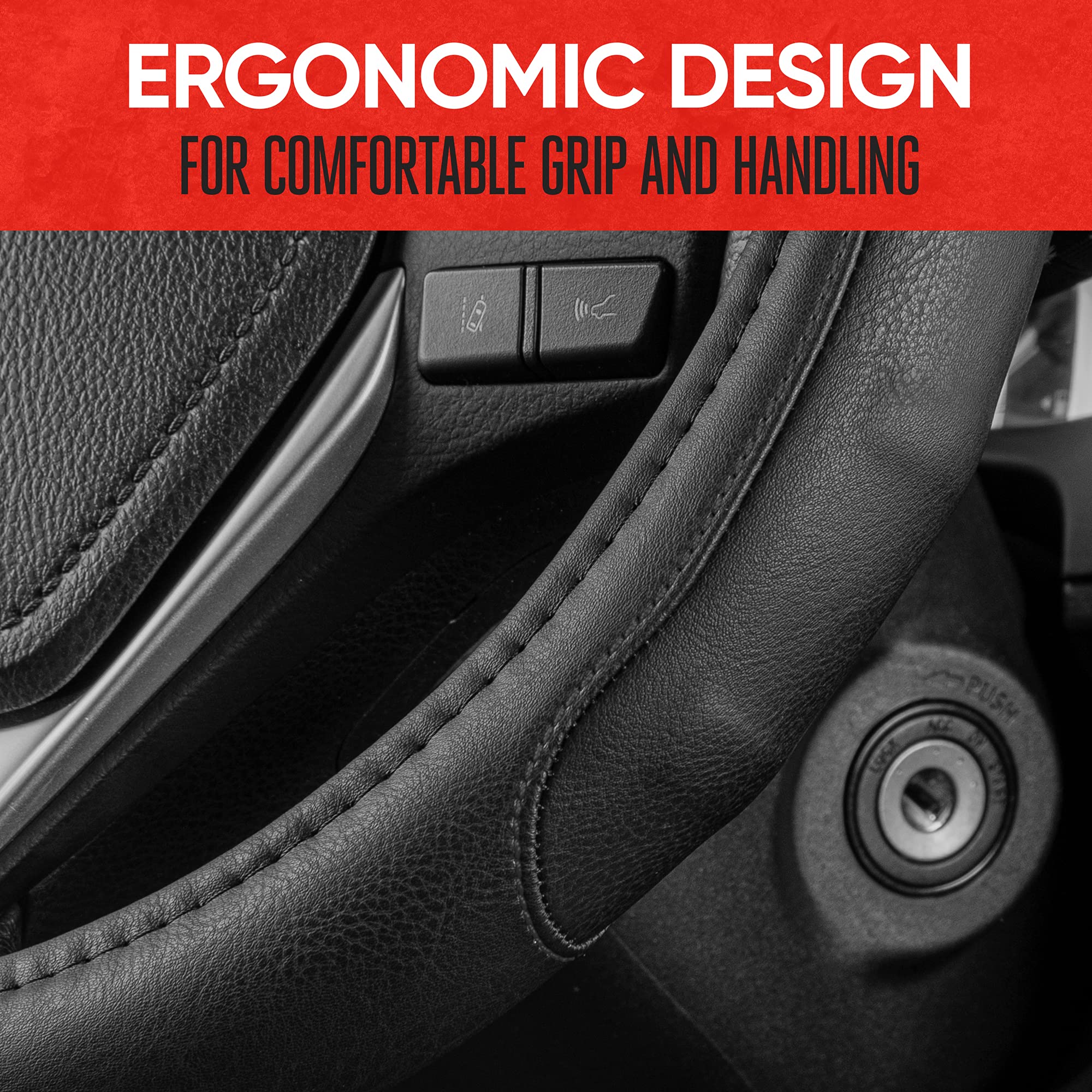 Motor Trend Gripdrive Faux Black Leather Steering Wheel Cover For Car Truck Van Suv, Standard 15 Inch Size, Solid Black Stitched