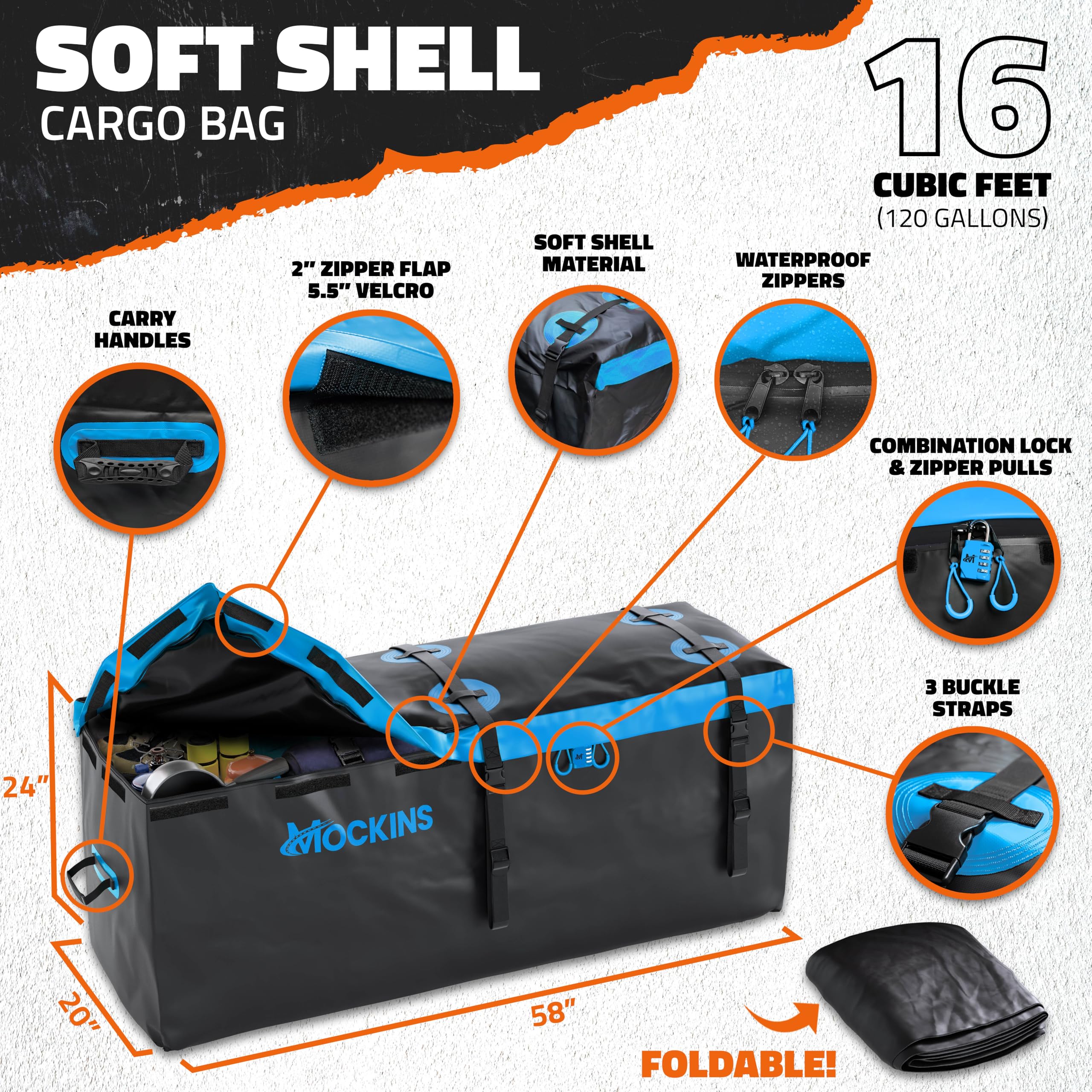Mockins 60X20X6 Folding Hitch Mount Cargo Carrier & 16Cuft Hitch Cargo Carrier Bag |500Lbs Anti-Rust Vehicle Cargo Carriers W/Waterproof Soft-Shell Truck Bed Cargo Bag | Cargo Racks For Trailer Hitch