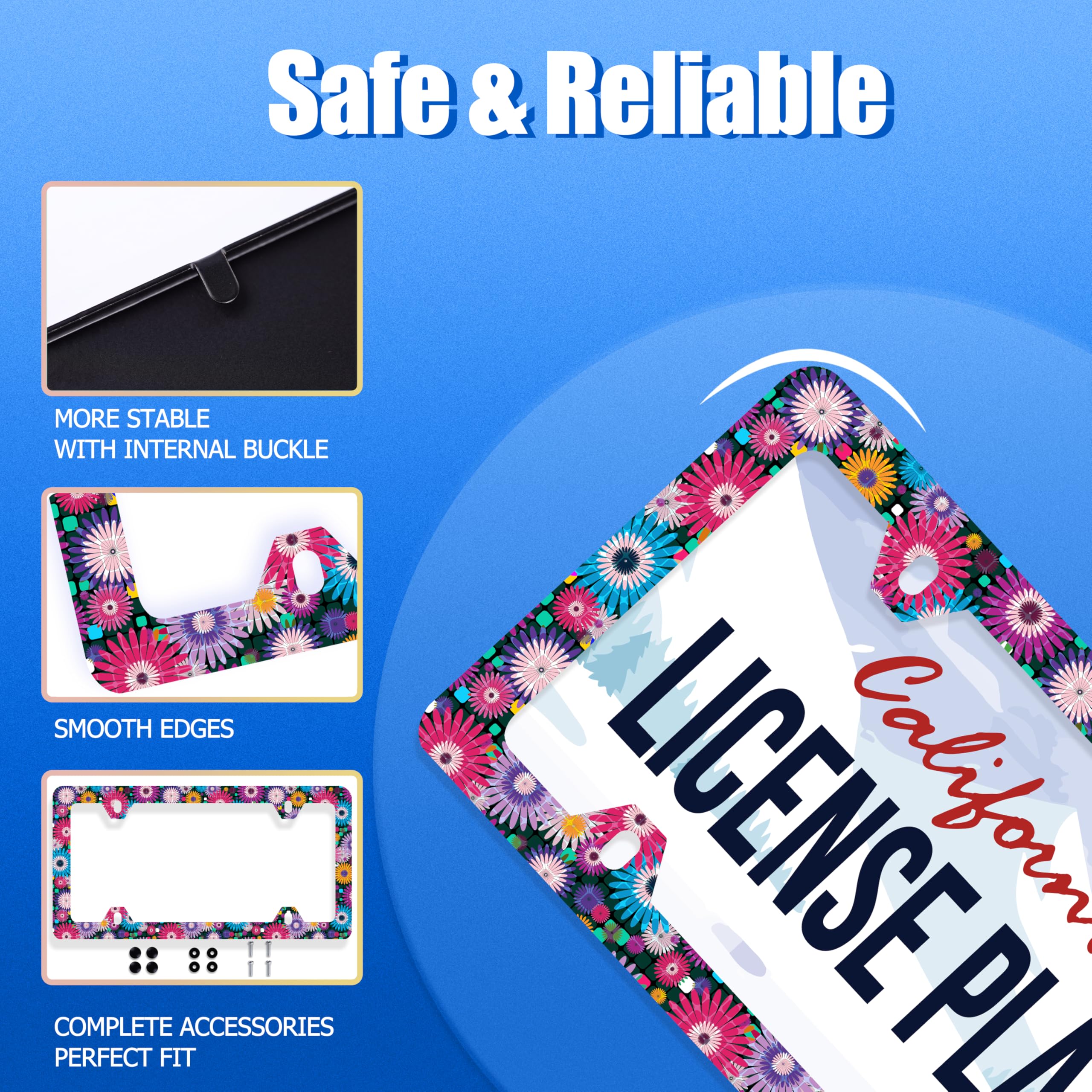 Abstract Hippie Flowers License Plate Frame Floral License Plate Stainless Steel Funny License Plate Holder Colorful Car Accesso