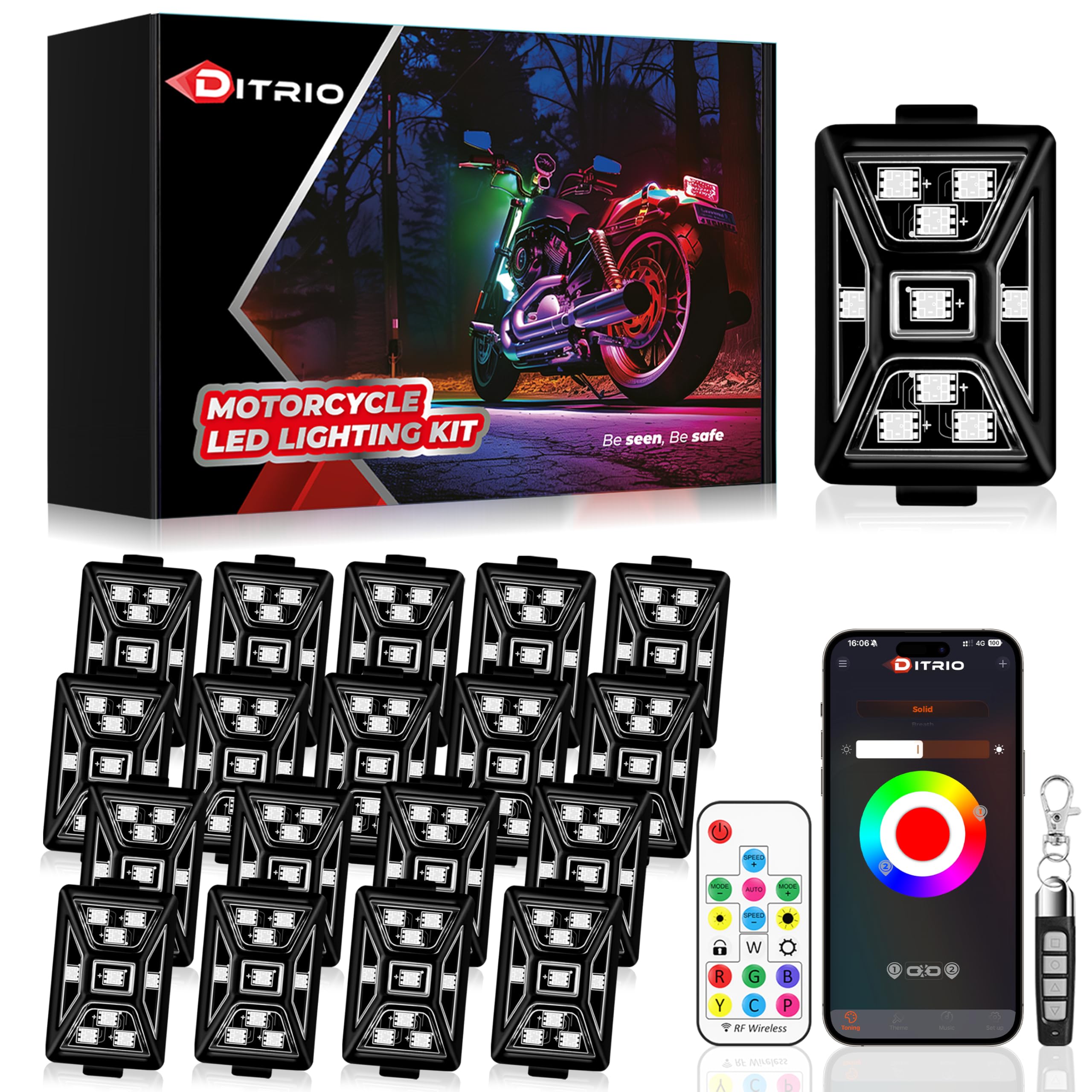 18PCS 5 Sides Full Angle RGB Motorcycle LED Underglow Kit with APP and 2 Remote Control,Brake Light Bright Waterproof Music Mode
