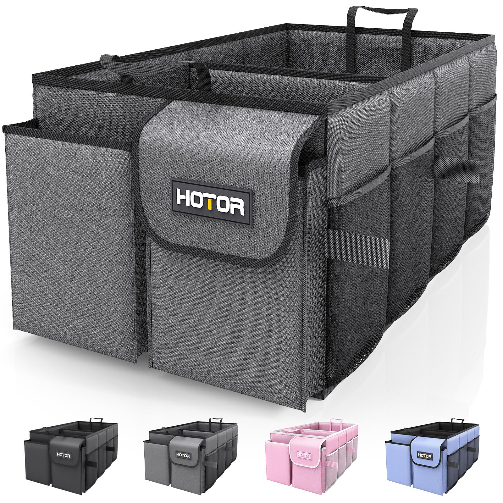Hotor Foldable Trunk Organizer - 2-Compartment 21.3 ''  12.6 ''  10.6 '' Grey Suv & Sedan Organizer For Accessories, Tools And S