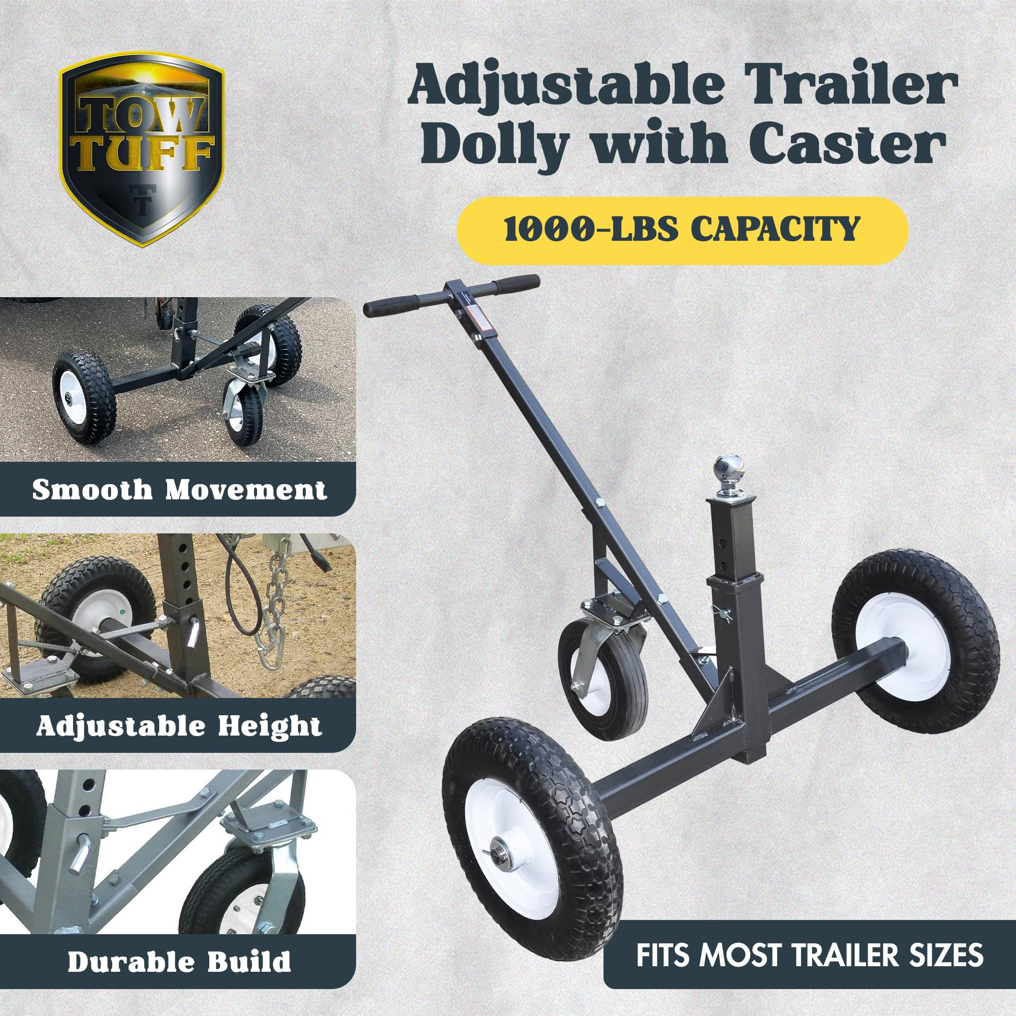 Tow Tuff Adjustable Heavy Duty Durable Steel Trailer Dolly with 10 Inch Swivel Caster, 1000 Pound Weight Capacity, and 16 Inch F