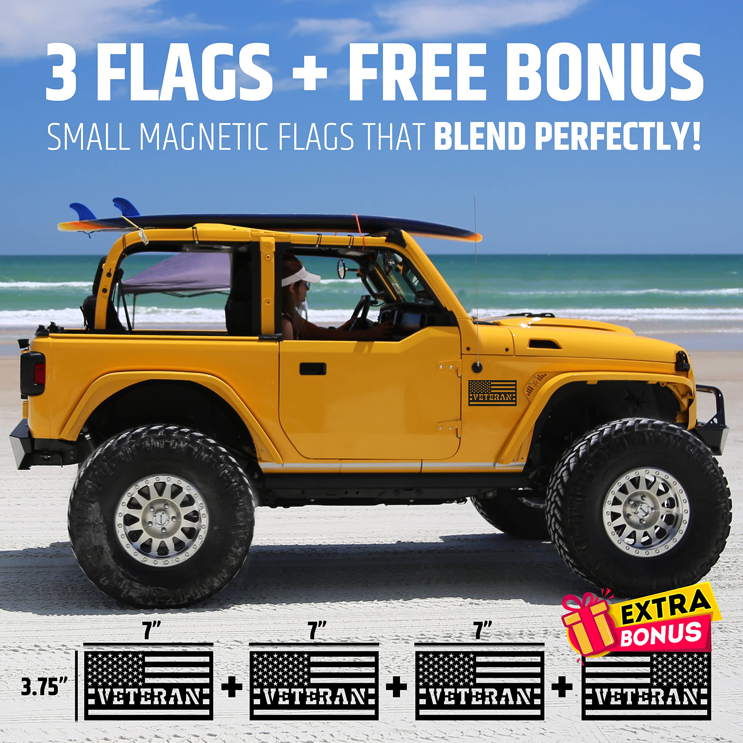 HMmagnets American Flag Magnets for Trucks & Cars - 3 Pack Veteran Edition, Rubber, Black, Powerful Magnet, Model 0e1