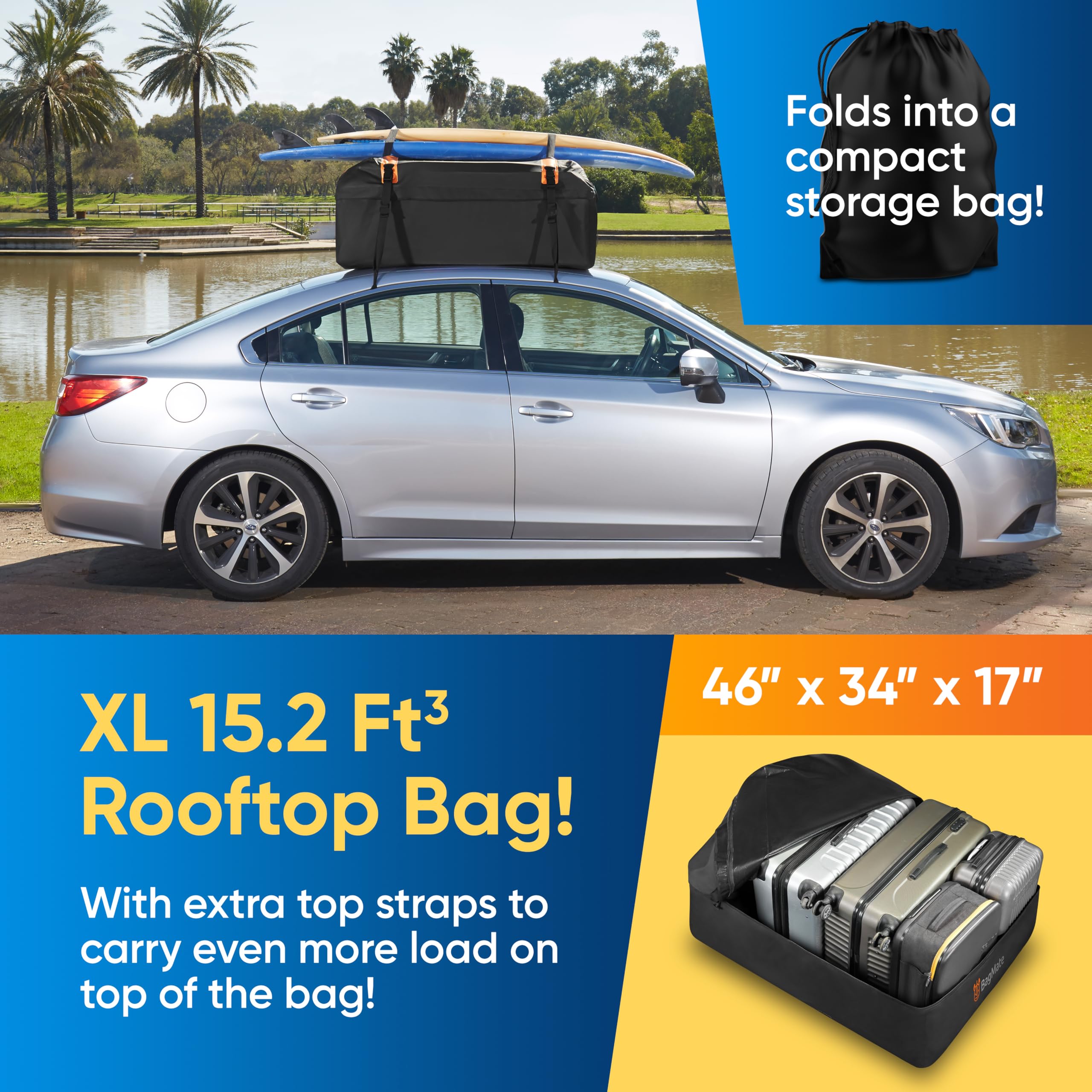 BAGMATE Waterproof Car Roof Bag - 15 Cu. Ft Cargo Carrier with Anti-Slip Mat & Hooks, Model RBM-CRB-430