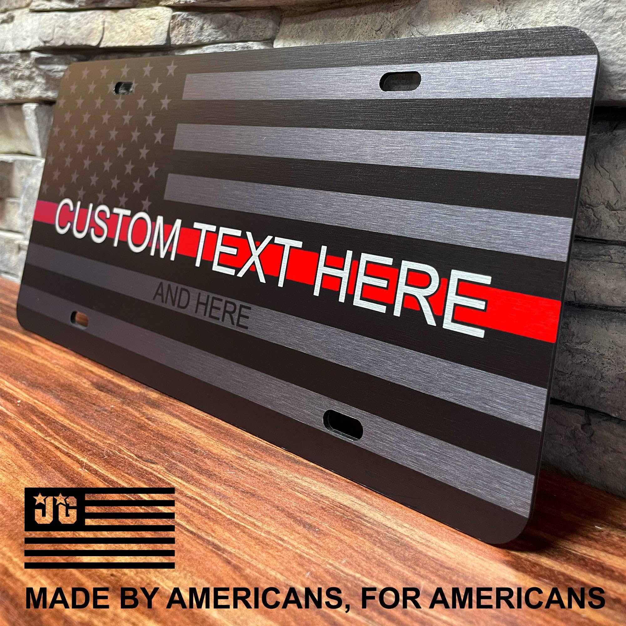 Jass Graphix Custom Thin Red Line American Flag License Plate - Personalized Firefighter American Flag Car Tag