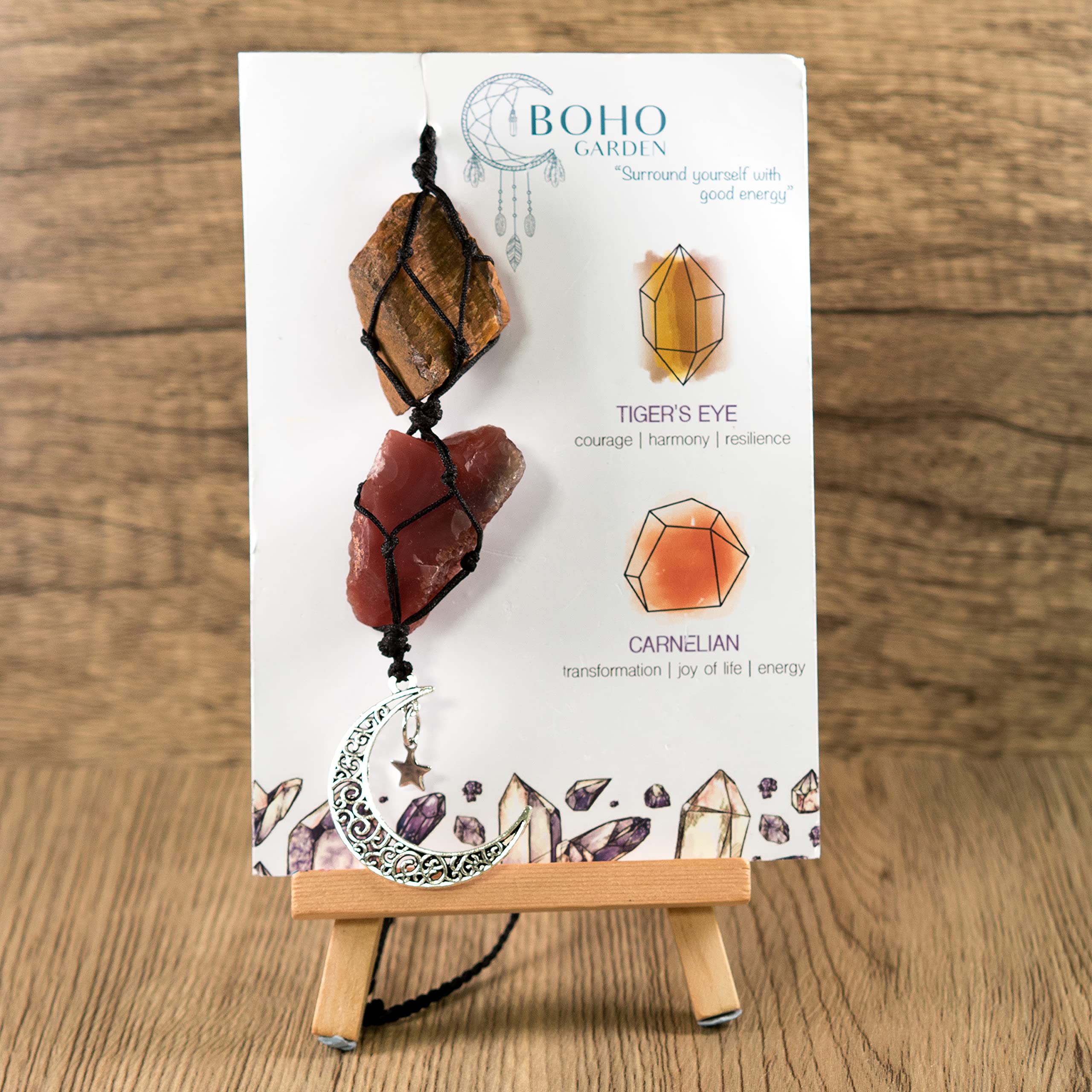 Boho Garden Hanging Car Charm - Tiger'S Eye & Carnelian - Dangling Moon, Healing Crystal Accessories, Rearview Mirror Decorations - Courage, Harmony, Resilience, Transformation, Joy Of Life, Energy