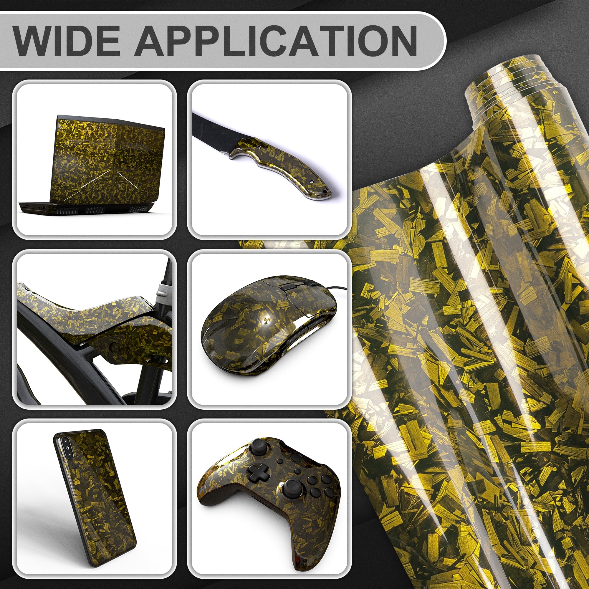 Lypumso Yellow Forged Carbon Fiber Vinyl Wraps, High Gloss Wraps Car Diy Decal Films Sheets With Air Release Technology, Vehicle