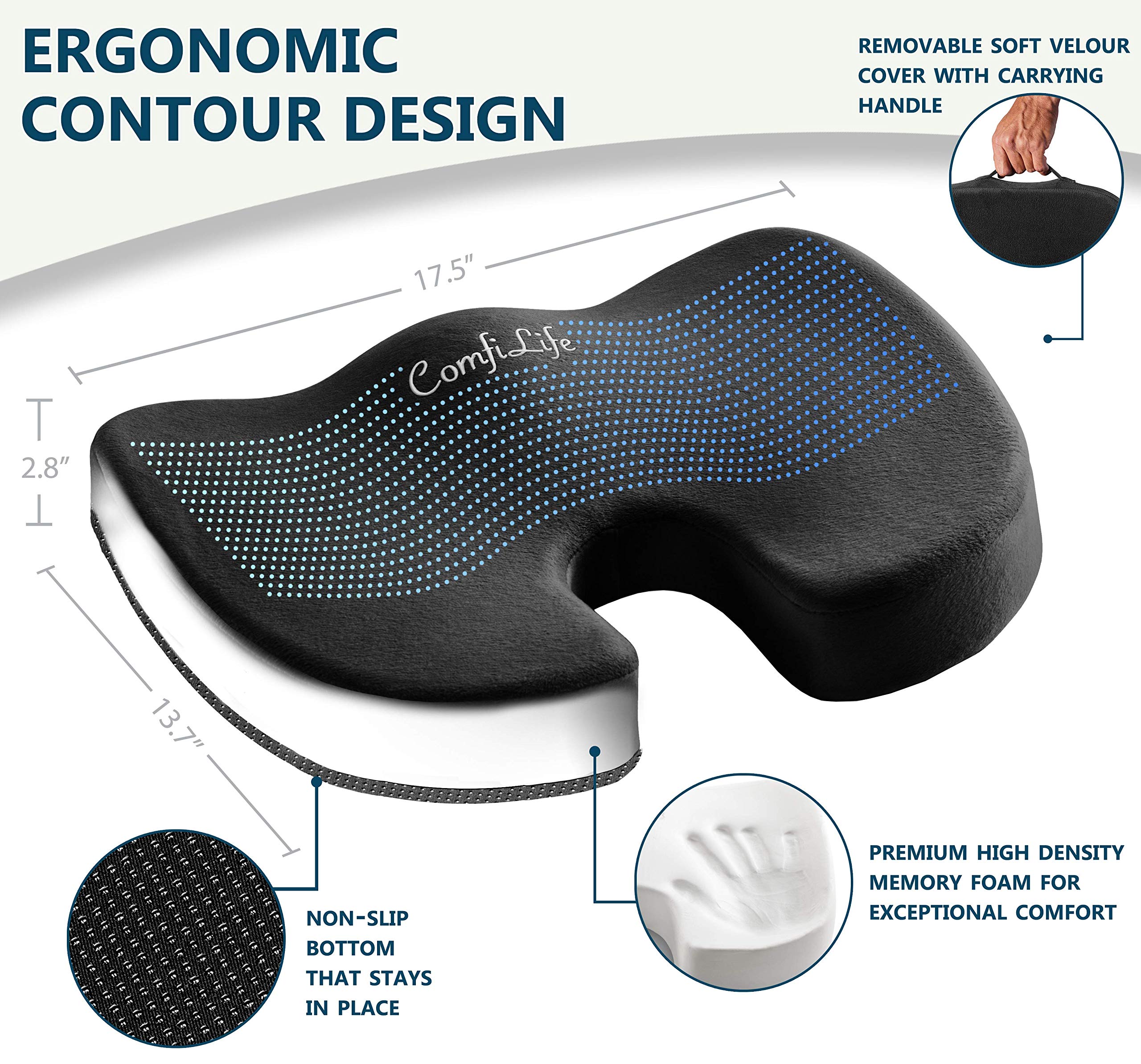 ComfiLife Premium Comfort Seat Cushion - Non-Slip 100% Memory Foam Coccyx Cushion for Tailbone Pain - Black - Model CLSCBLK