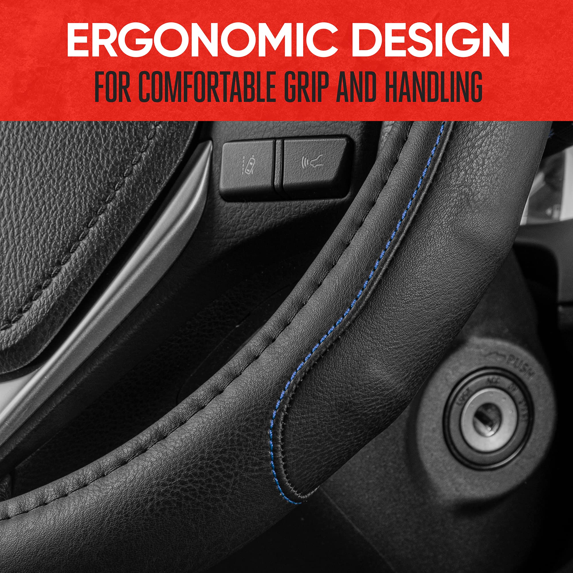 Motor Trend Sw-761-Bl-M__Am Gripdrive Synthetic Leather Auto Car Steering Wheel Cover Black W/ Blue Accent Stitching Comfort Gri