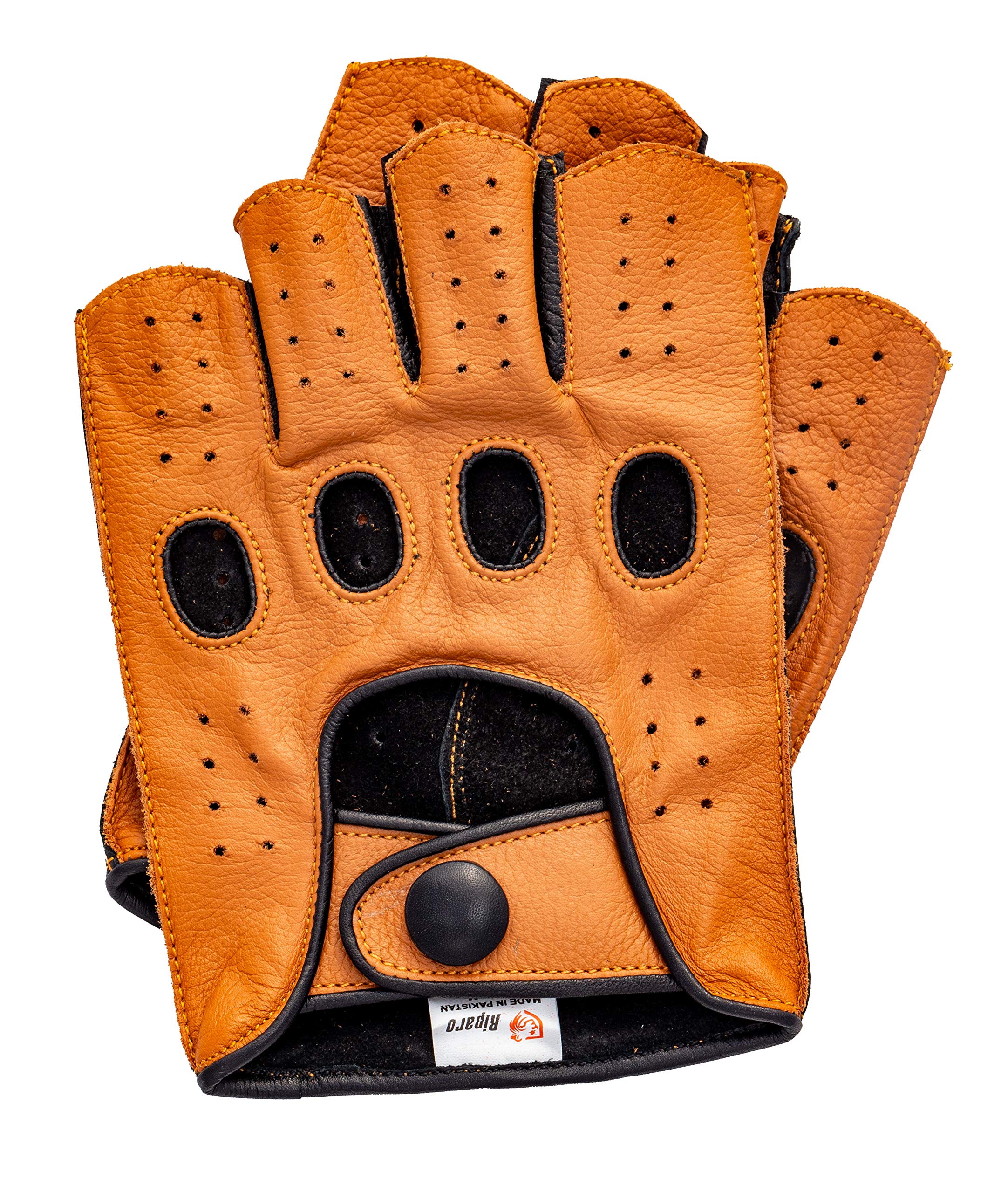 Riparo Mens Leather Reverse Stitched Fingerless Half-Finger Driving Motorcycle Gloves (Xx-Large, Cognac/Black)