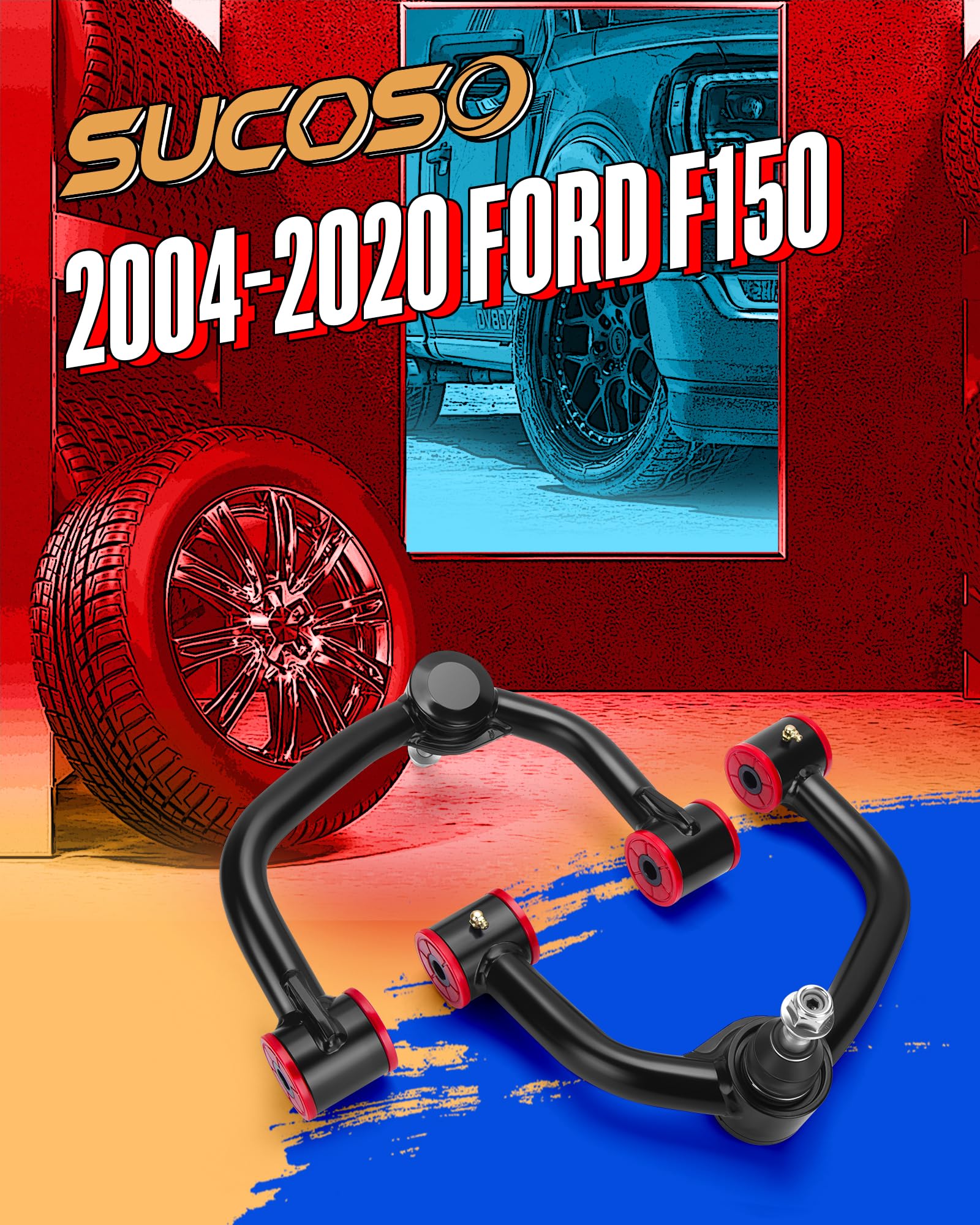 SUCOSO Adjustable Upper Control Arms for Ford F150 2004-2020, 2pcs, Alloy Steel, Black, Greasable Ball Joint, 2-4" Lift