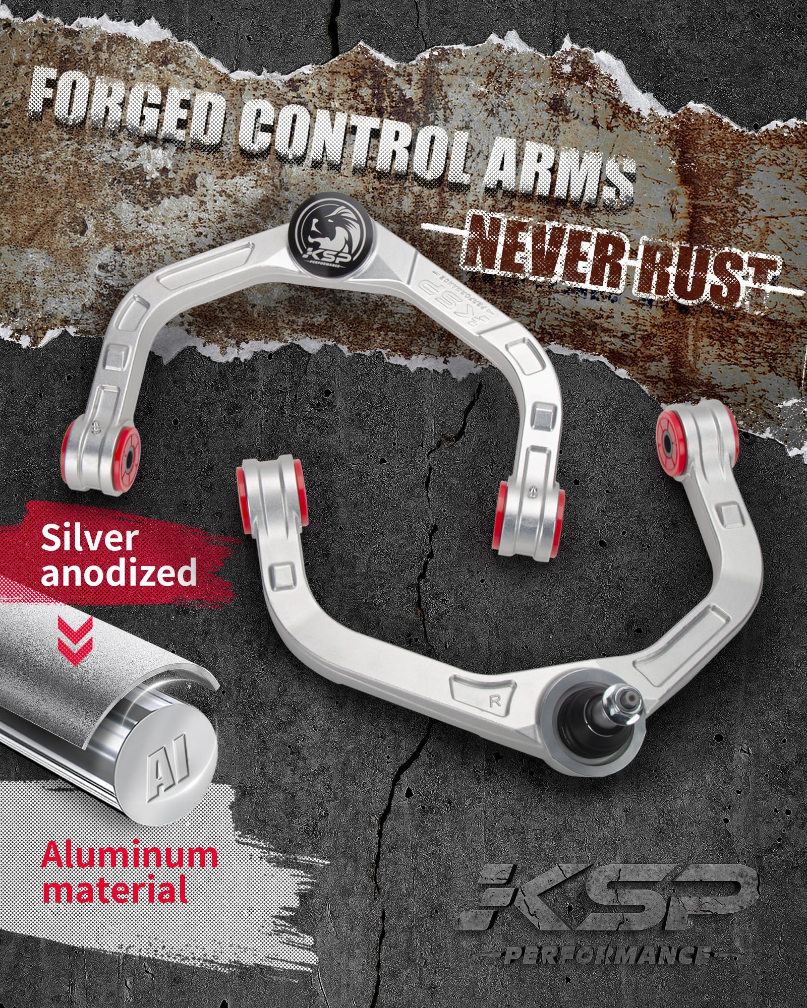 KSP PERFORMANCE Adjustable Aluminum Upper Control Arms for Dodge Ram 1500 2009-2022, 2-4" Silver, Forged with Greasable Ball Joint