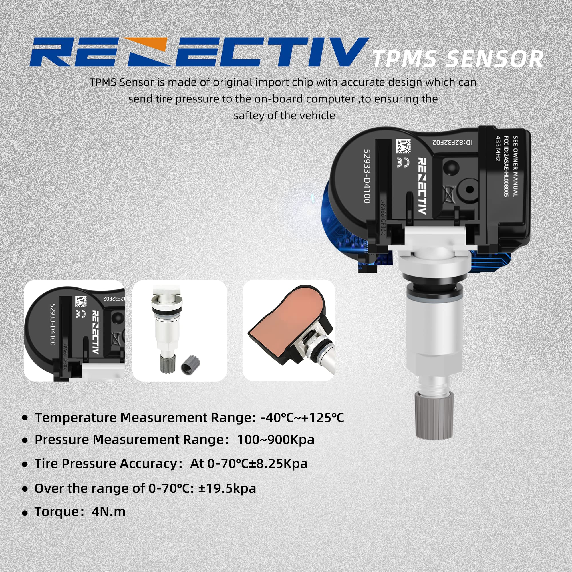 RENECTIV TPMS Sensor Kia,433MHz Tire Pressure Monitoring Sensor fit for Kia Replace#52933D2100,52933F2000,52940L1100, 52933D4100