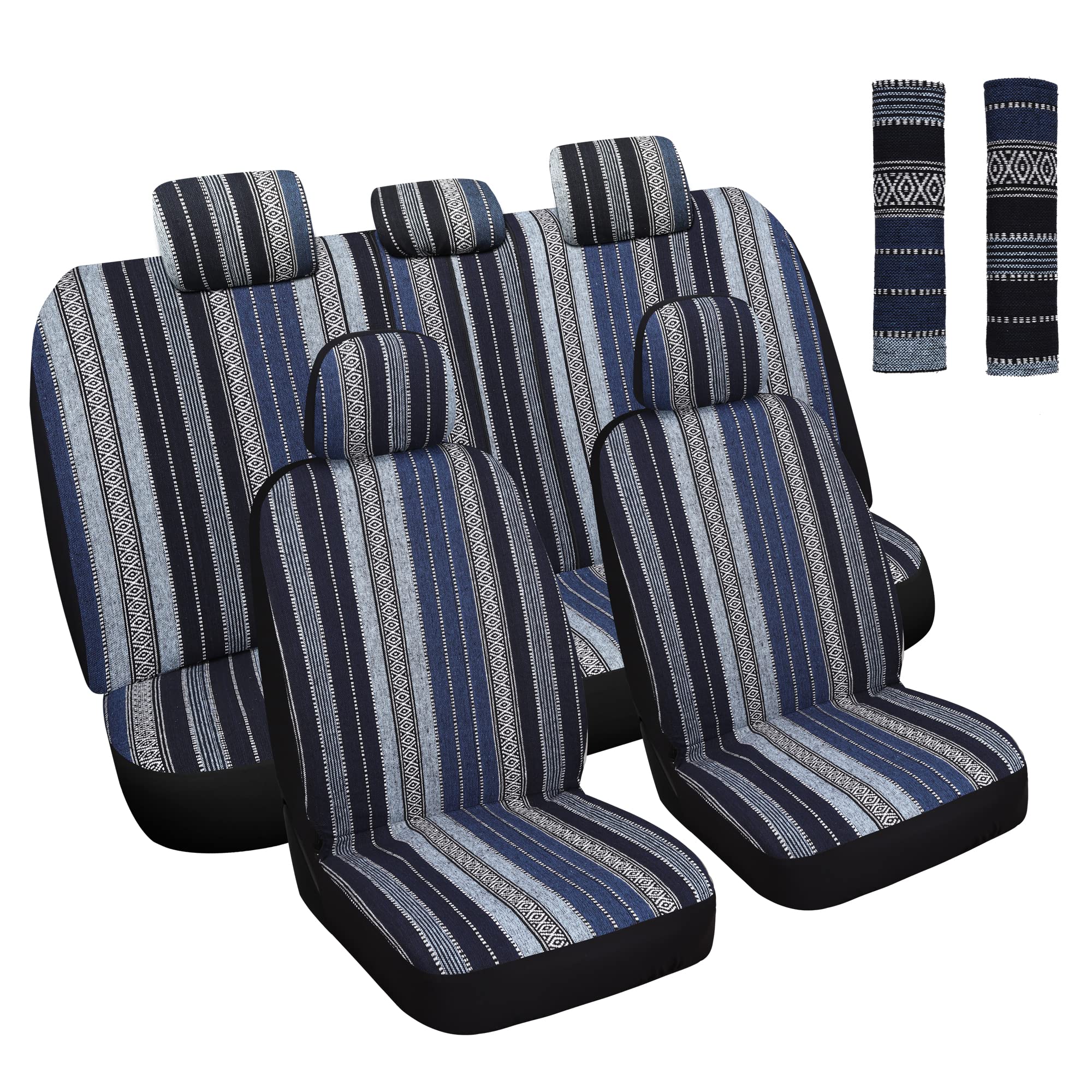Haiyaotimes Baja Saddle Blanket Car Seat Covers Full Set With Seat Belt Pads, Washable Breathable Seat Covers For Cars, Universal Fit Interior Covers For Most Sedan Truck Suv, Airbag Compatible, Blue