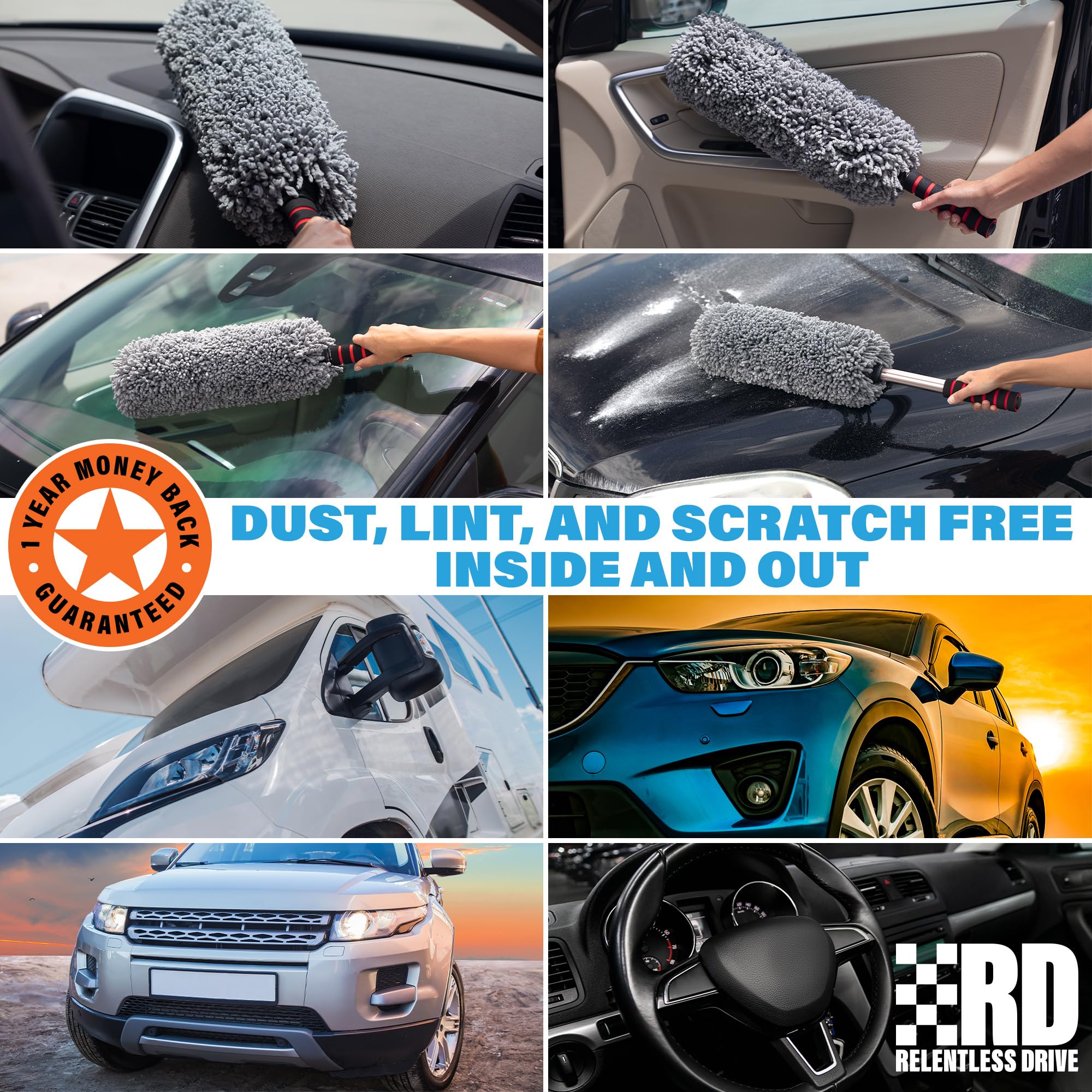 Relentless Drive Car Duster Exterior Scratch Free - Car Accessories For Women & Men - Cleaning Supplies With Premium Microfiber Includes Extra Large Extendable Handle