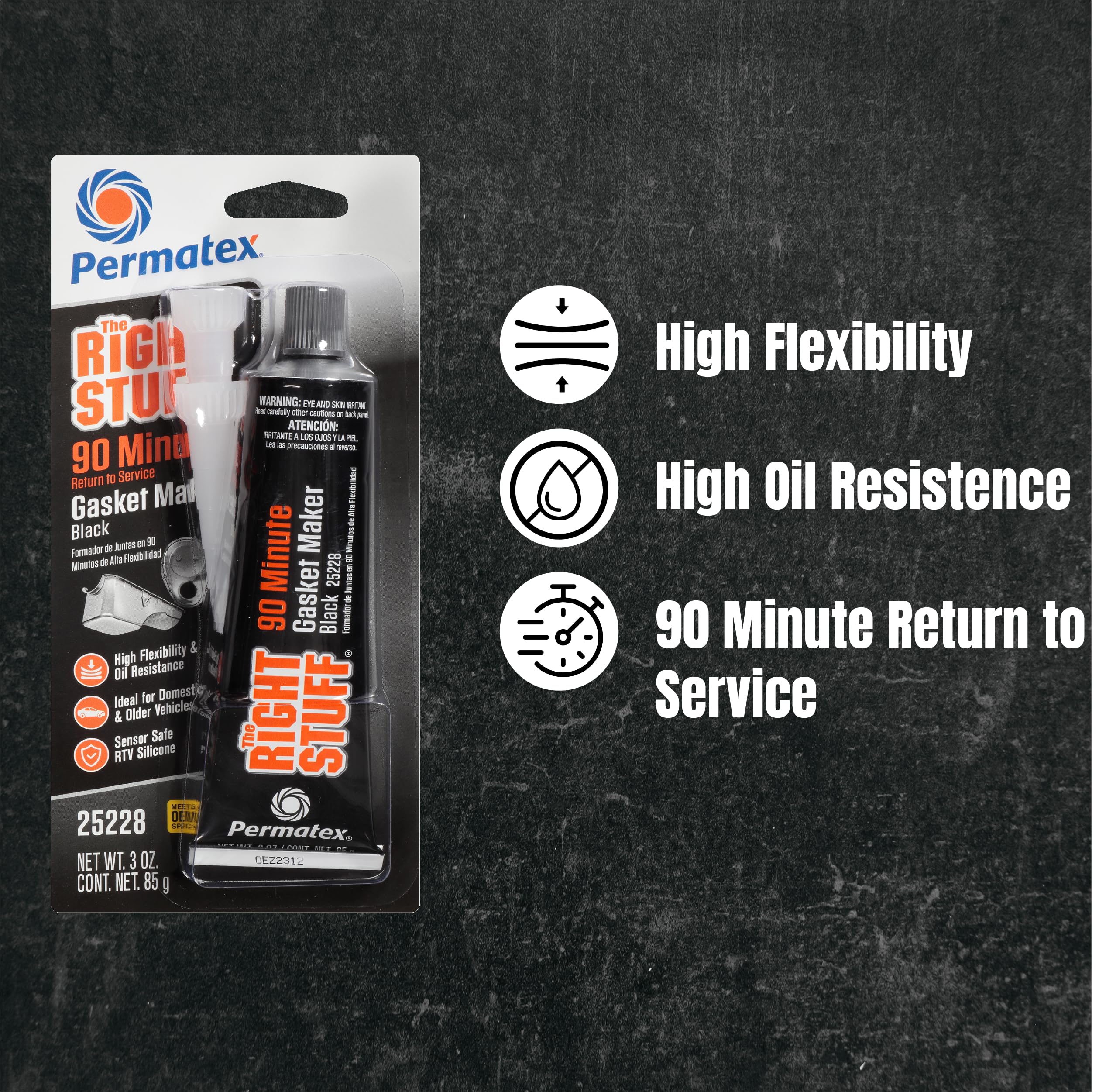 Permatex Gasket Maker, Silicone, 90 Minute Cure, 3 oz, Black, Model 25228