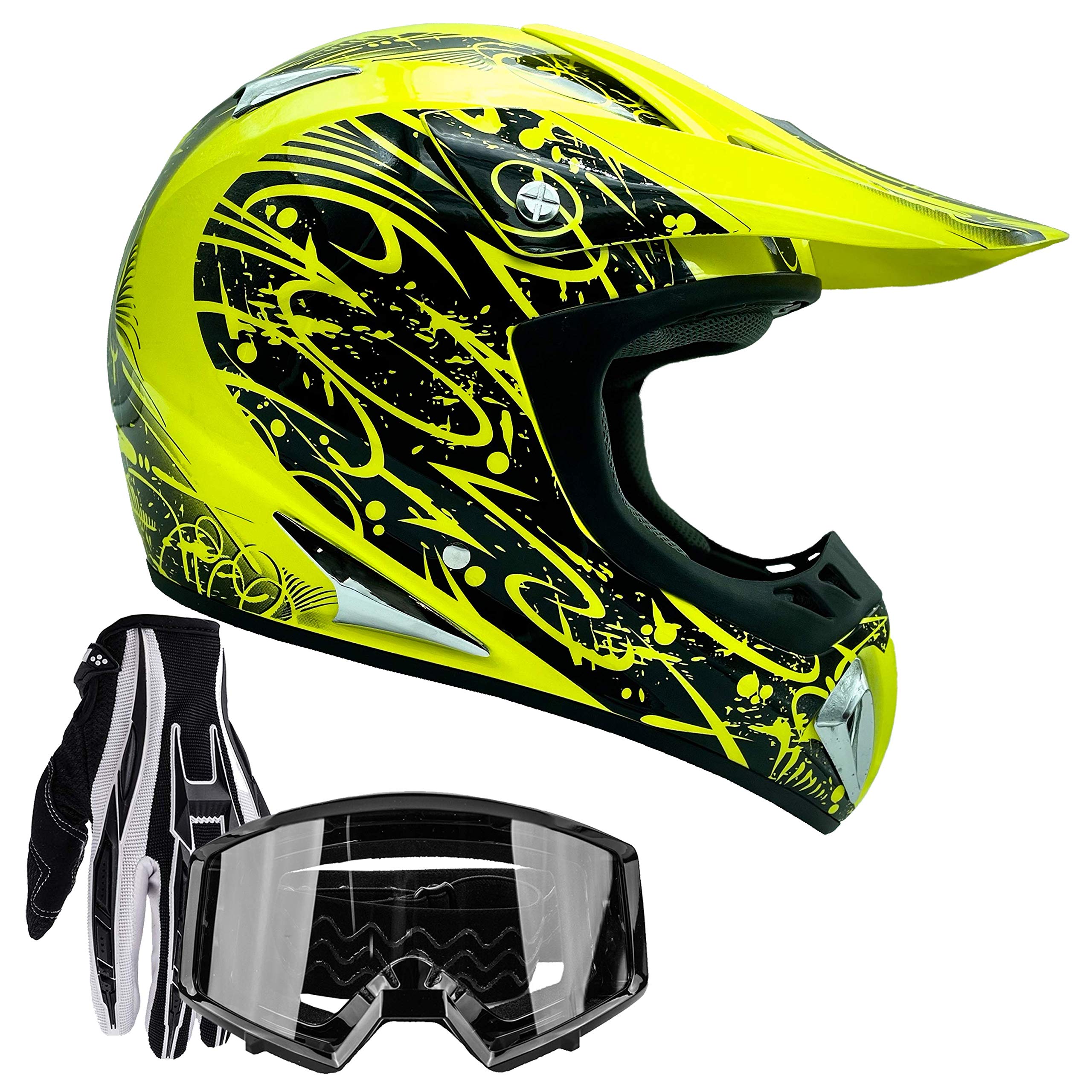 Typhoon Adult Atv Mx Helmet Goggles Gloves Gear Combo Hiviz W/ Black Goggles & Gloves ( Xl )