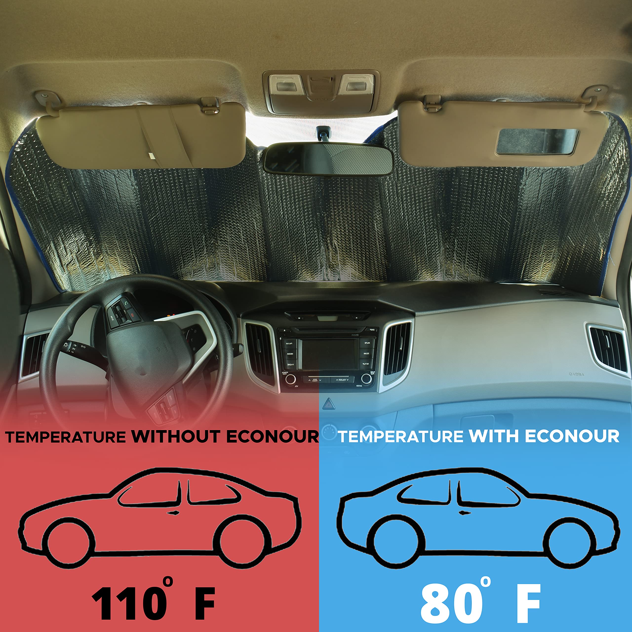 Econour Accordion American Flag Car Sun Shade Windshield | Foldable Car Shield Sun Protector Offers Complete Uv Protection | Reflective Sun Shade Car Lowers Interior Temperature | 58 X 27.5 Inches